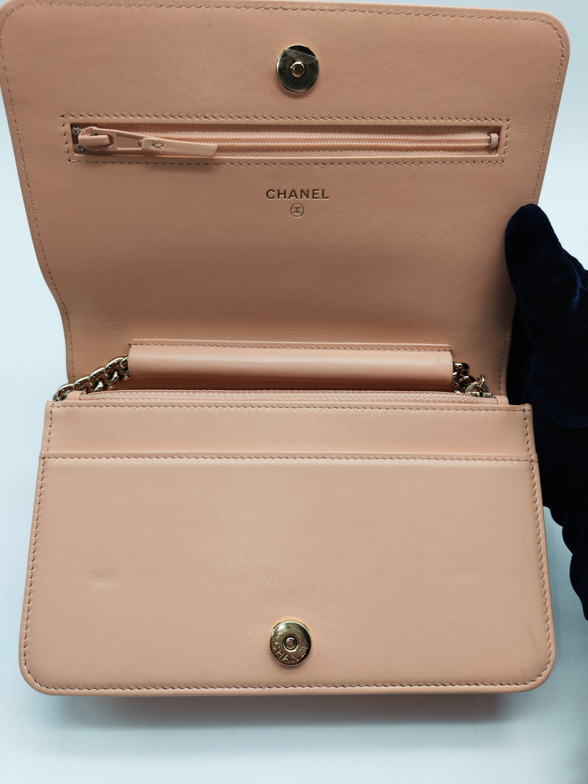 Chanel Boy Chevron Wallet on Chain in Peach Caviar Leather and Light Gold Hardware Microchip