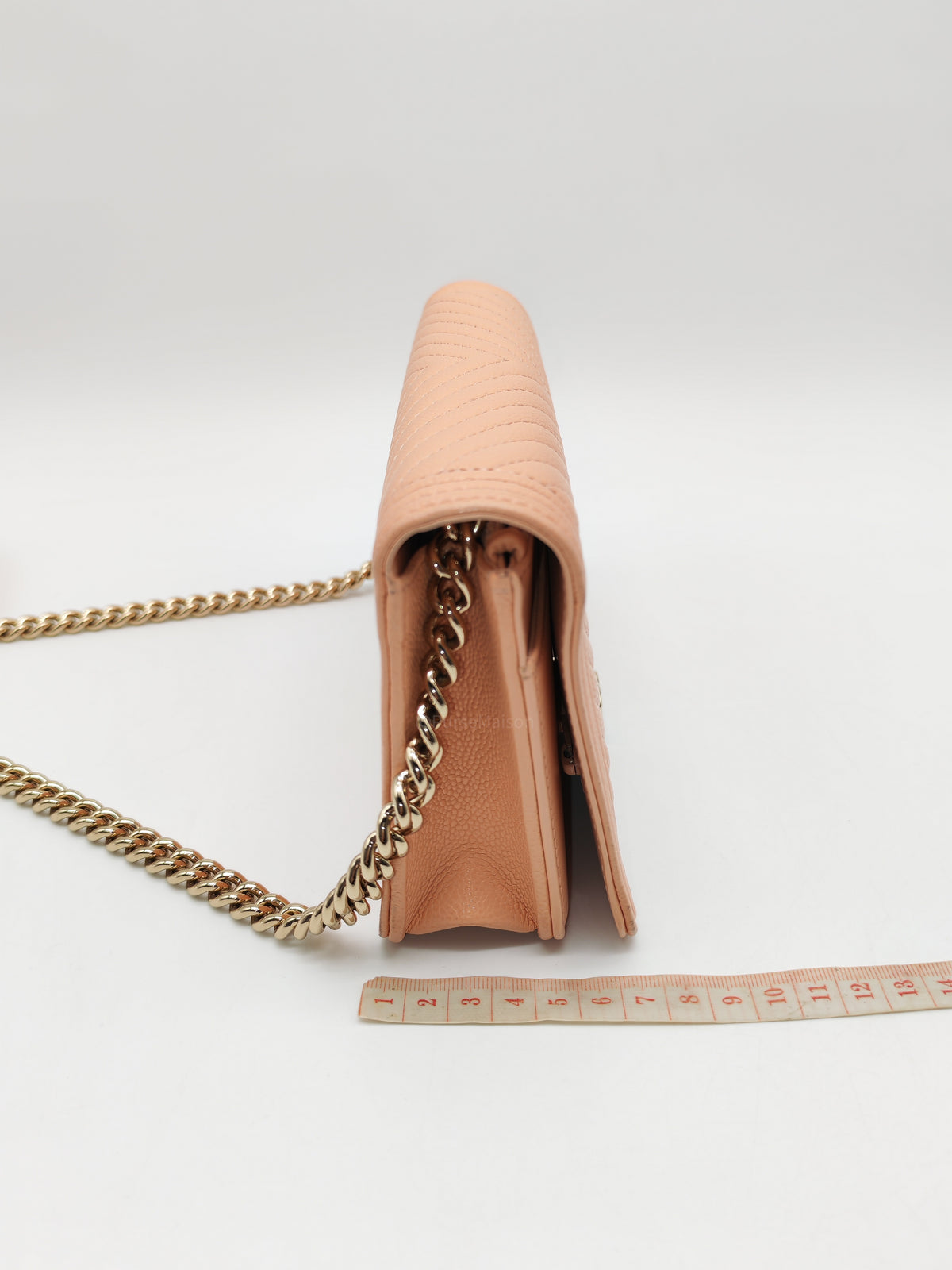 Chanel Boy Chevron Wallet on Chain in Peach Caviar Leather and Light Gold Hardware Microchip