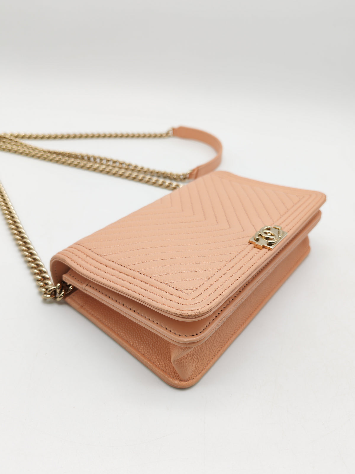 Chanel Boy Chevron Wallet on Chain in Peach Caviar Leather and Light Gold Hardware Microchip