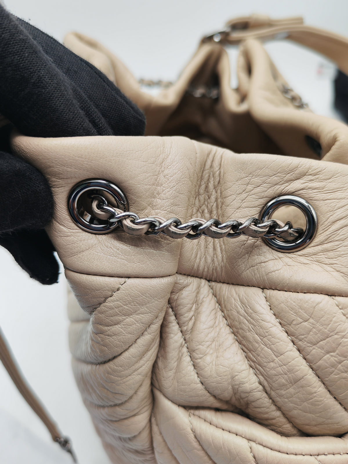 Chanel Chevron Drawstring Bucket Bag in Beige Calfskin Leather and Silver Hardware Series 23