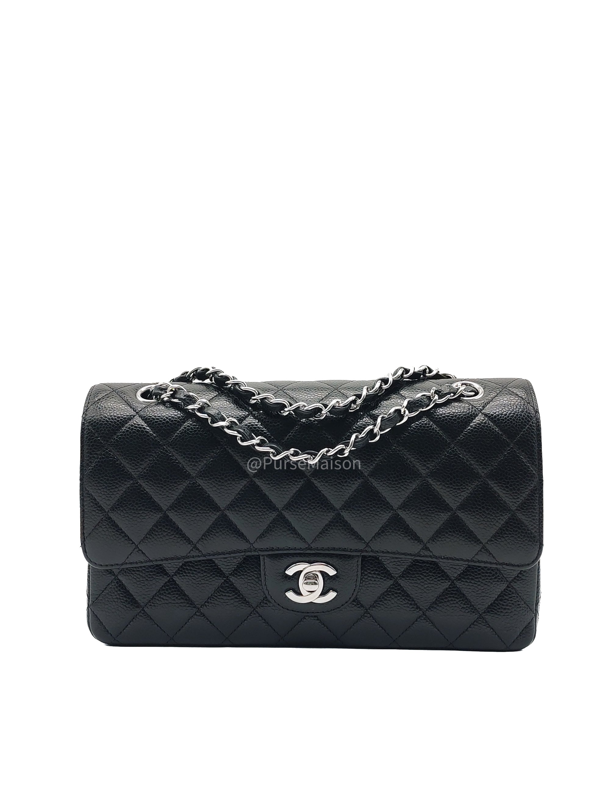 Chanel Classic Double Flap Medium in Black Caviar Leather and Silver Hardware (Microchip)