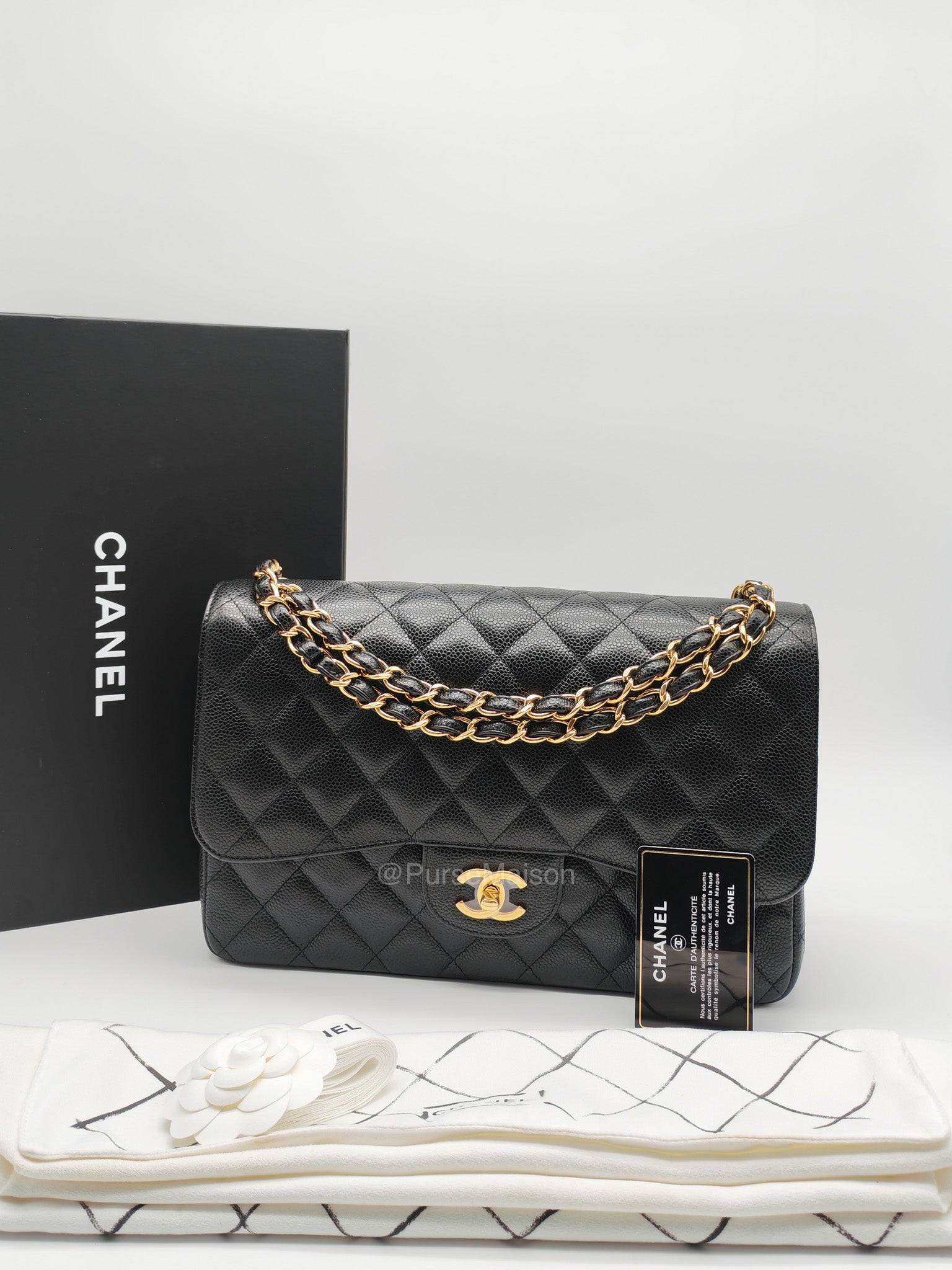 Chanel Classic Double Flap Jumbo in Black Quilted Caviar Leather and Gold Hardware Series 24 | Purse Maison Luxury Bags Shop