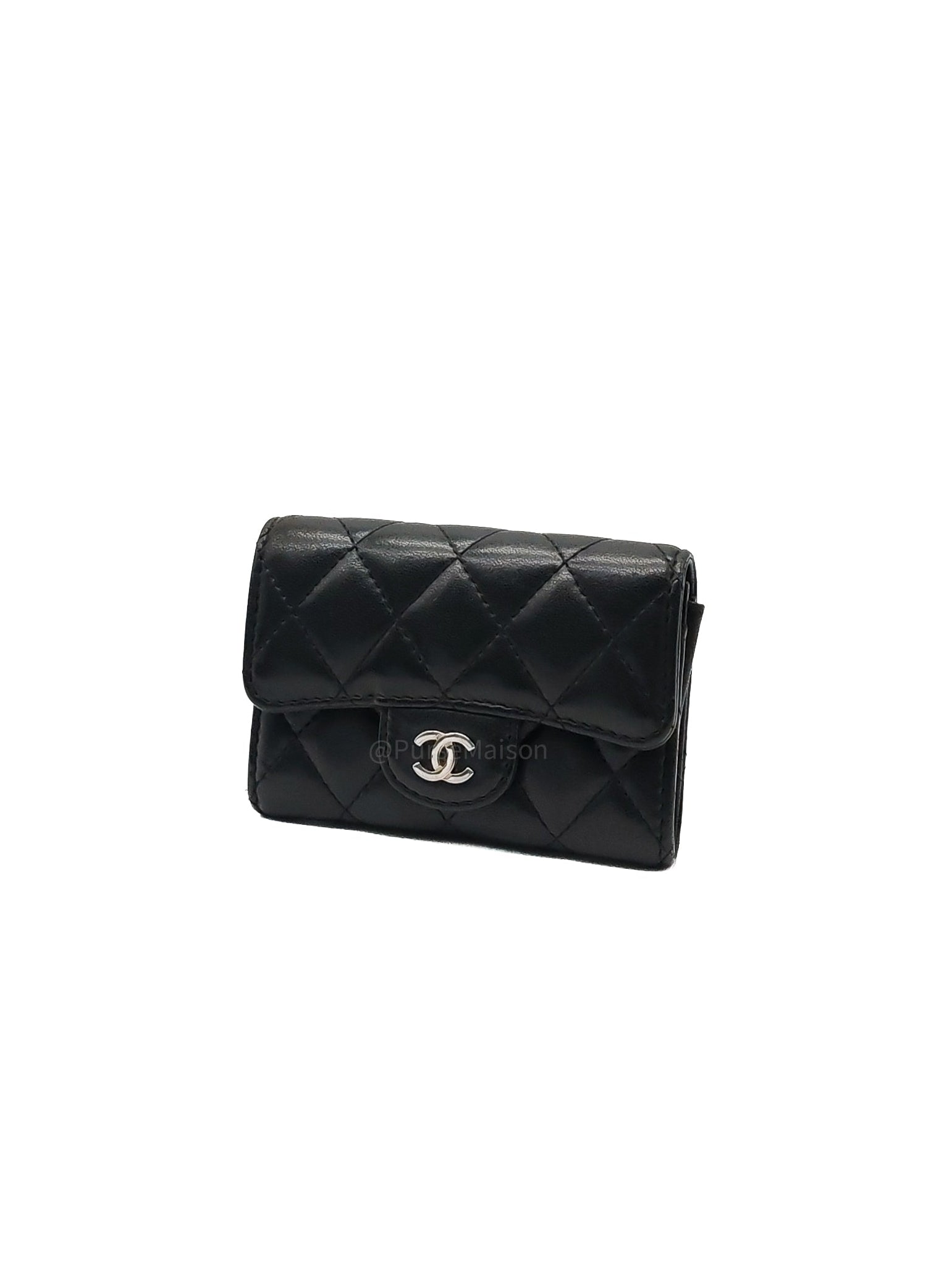 Chanel Classic Flap Card Holder in Black Quilted Calfskin Leather and Silver Hardware Series 22