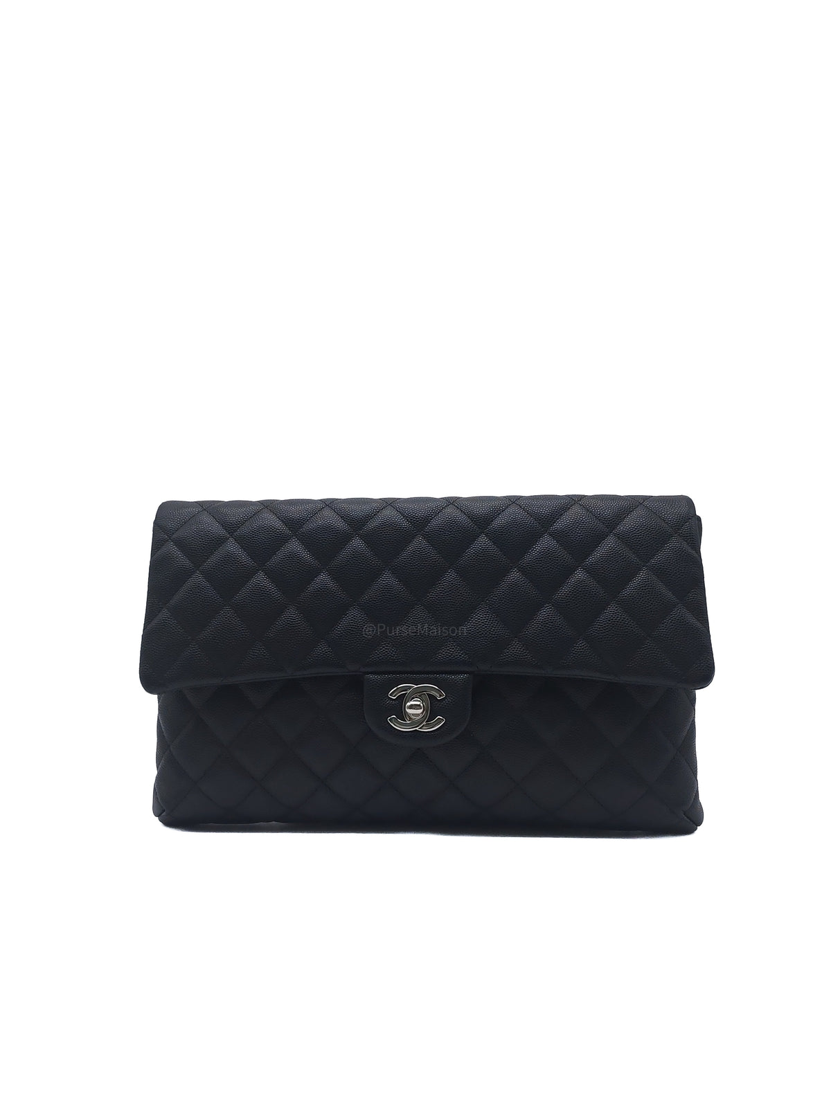 Chanel Classic Flap Clutch in Black Quilted Caviar Leather and Silver Hardware Series 26