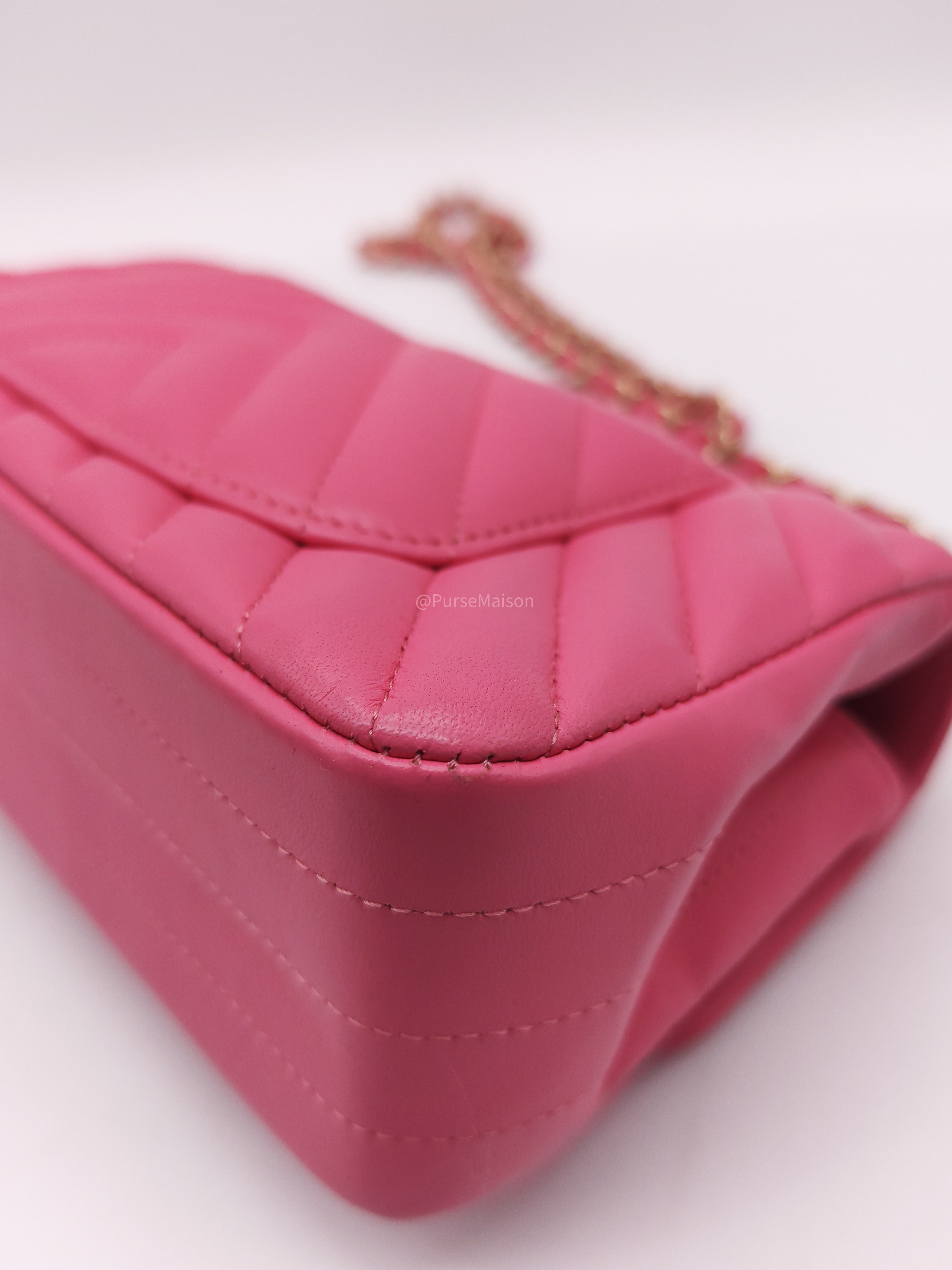 Chanel Classic Mini Rectangular Flap Bag in Pink Chevron Lambskin Leather Light Gold Hardware (Series 27)
