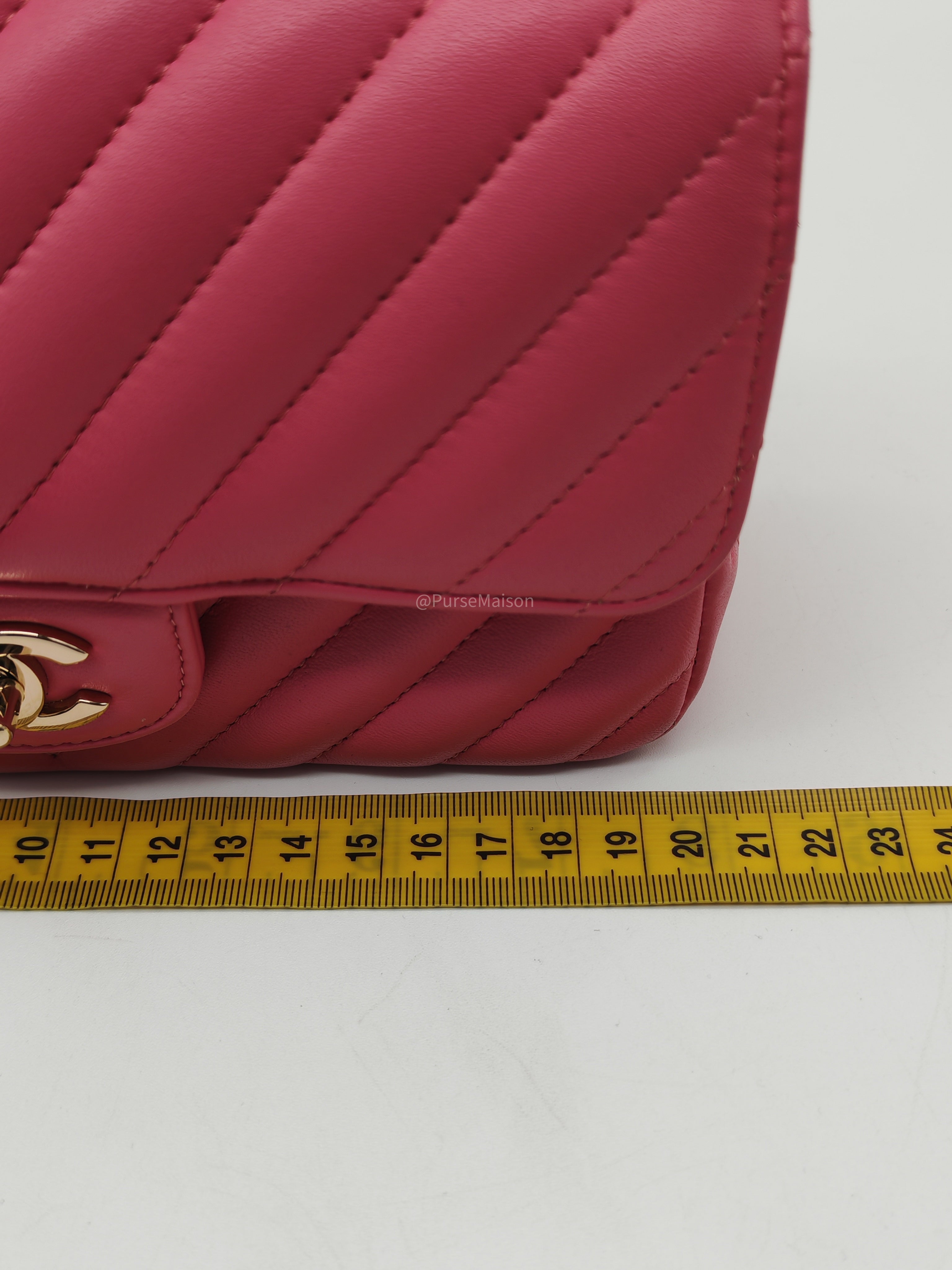 Chanel Classic Mini Rectangular Flap Bag in Pink Chevron Lambskin Leather Light Gold Hardware (Series 27)