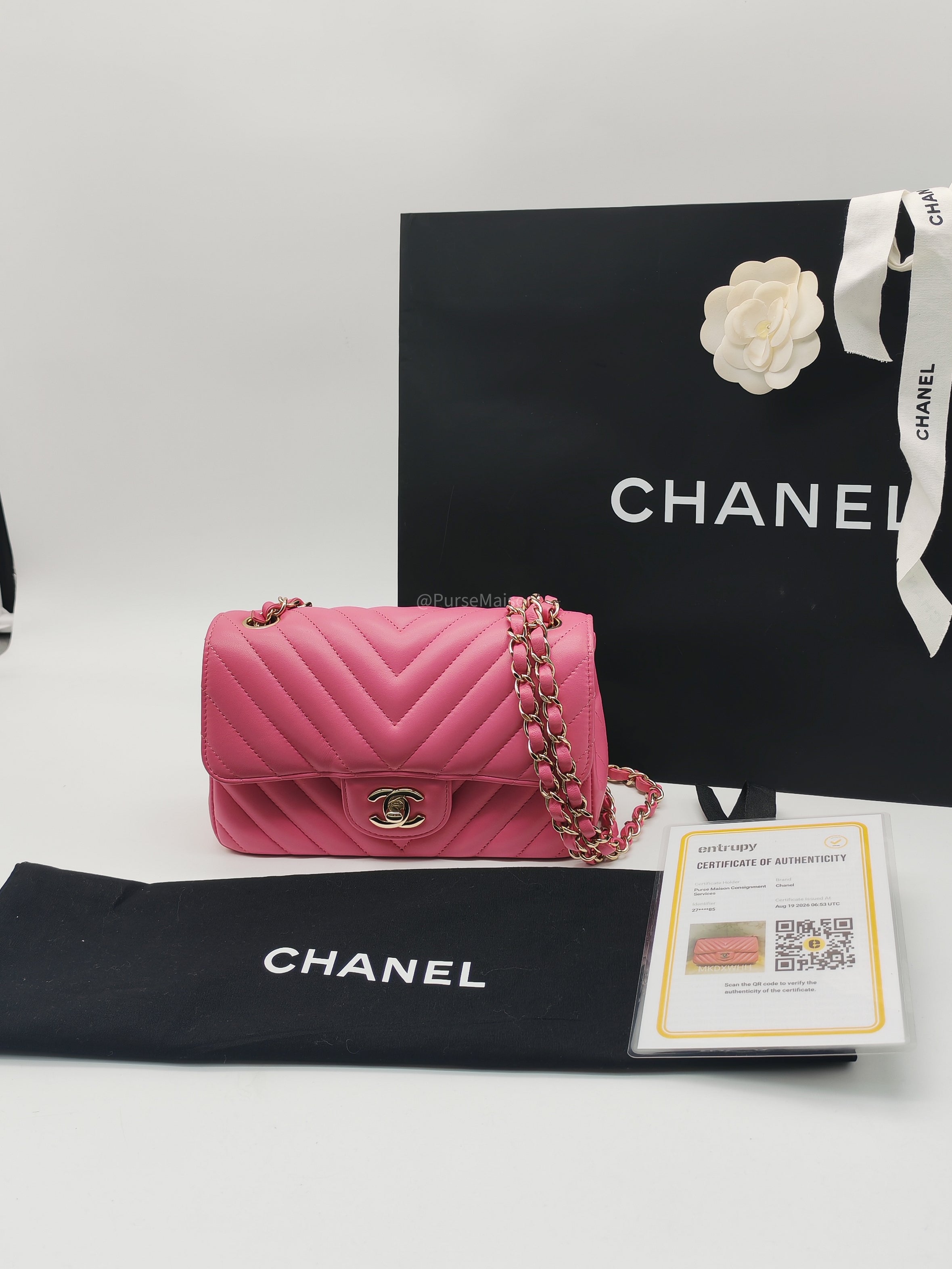 Chanel Classic Mini Rectangular Flap Bag in Pink Chevron Lambskin Leather Light Gold Hardware (Series 27)
