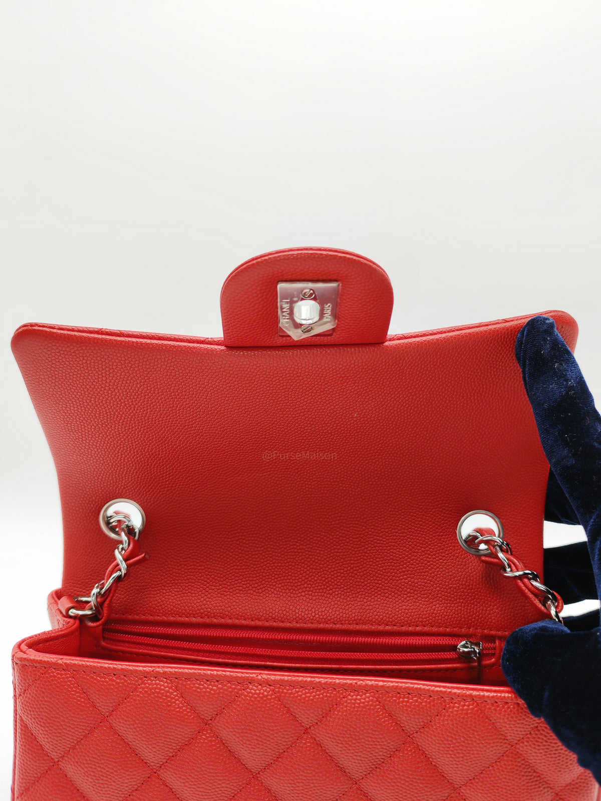 Chanel Classic Mini Rectangular Flap in Red Quilted Caviar Leather and Silver Hardware Series 27