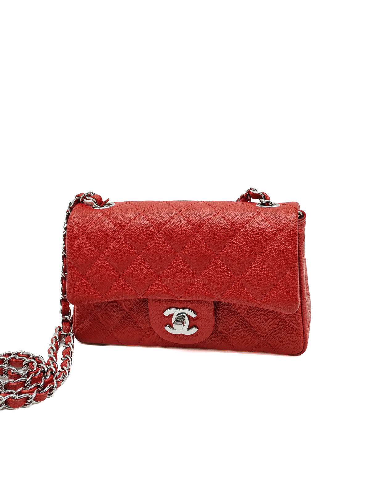 Chanel Classic Mini Rectangular Flap in Red Quilted Caviar Leather and Silver Hardware Series 27