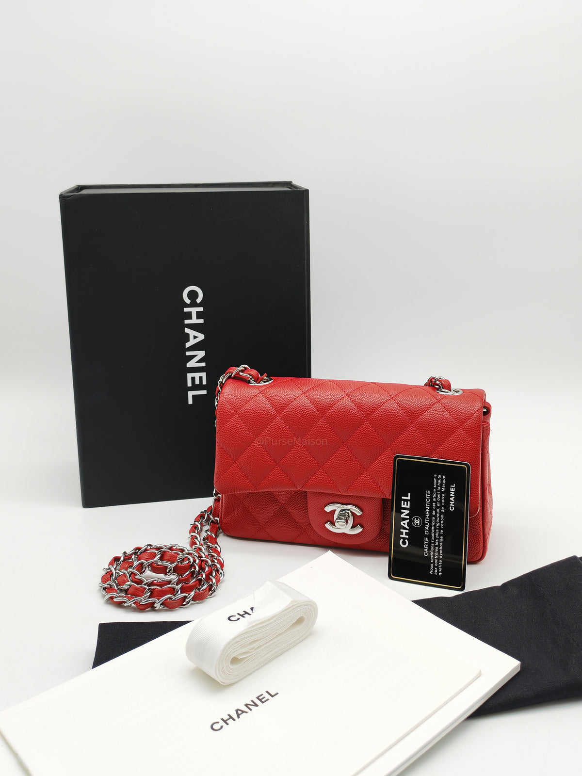 Chanel Classic Mini Rectangular Flap in Red Quilted Caviar Leather and Silver Hardware Series 27