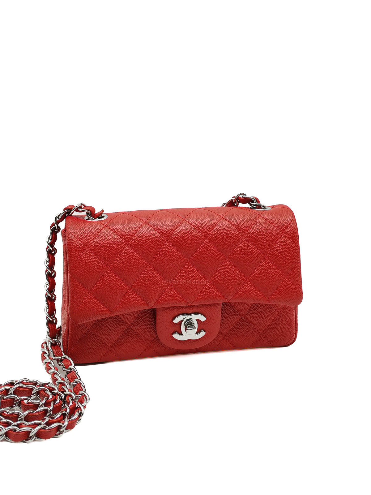 Chanel Classic Mini Rectangular Flap in Red Quilted Caviar Leather and Silver Hardware Series 27