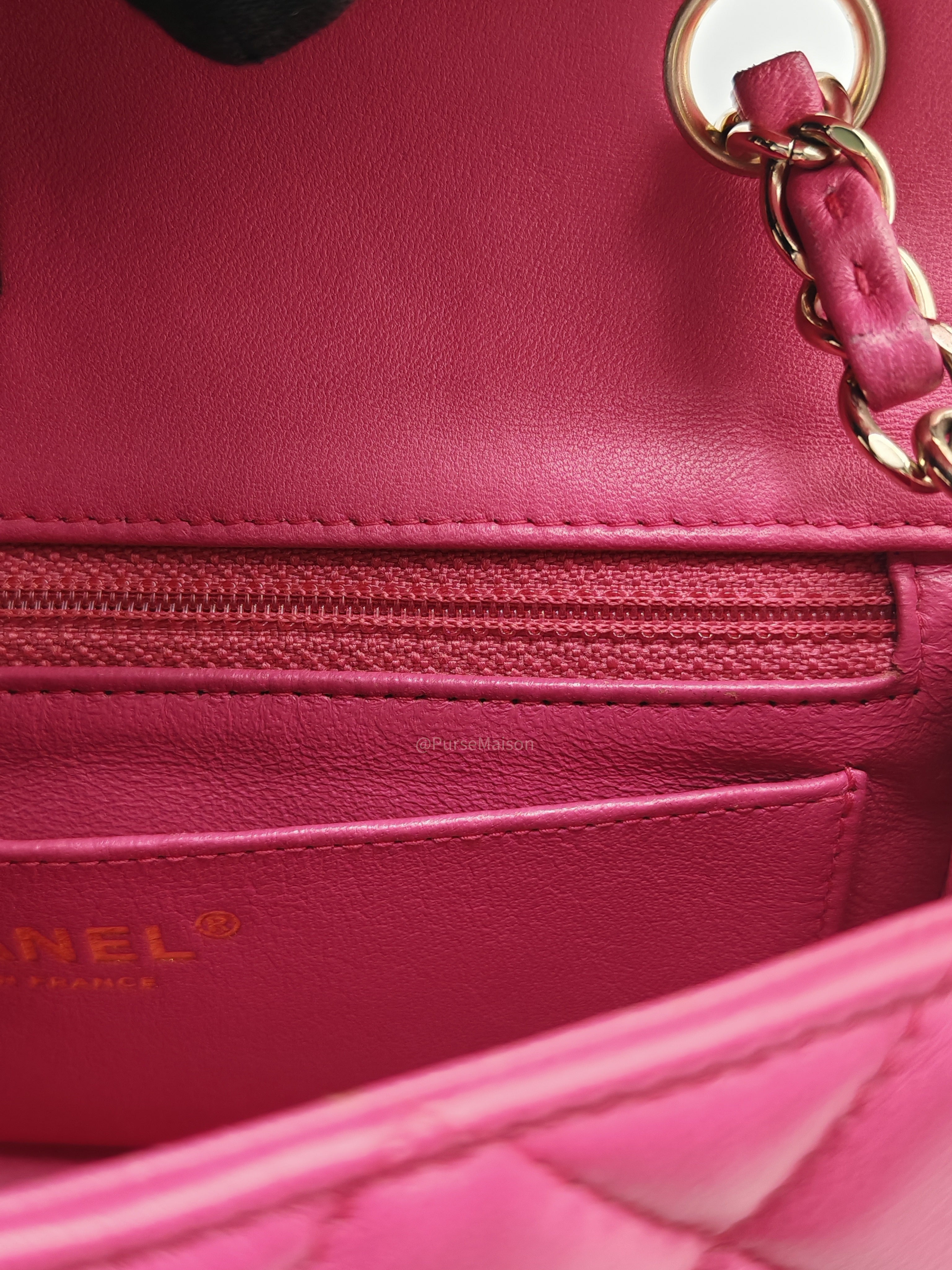 Chanel Classic Rectangular Mini Flap Bag in Fuchsia Lambskin Leather Light Gold Hardware (Series 21)