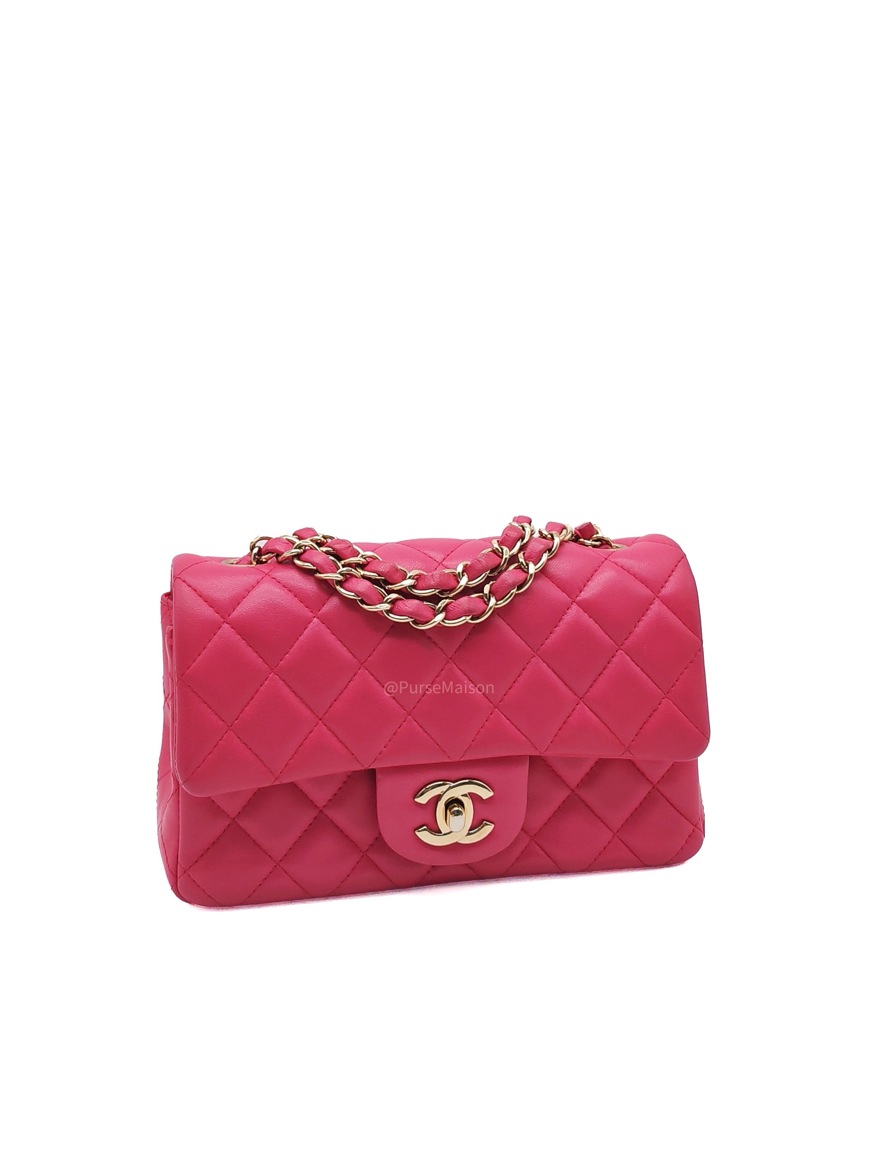 Chanel Classic Rectangular Mini Flap Bag in Fuchsia Lambskin Leather Light Gold Hardware (Series 21)
