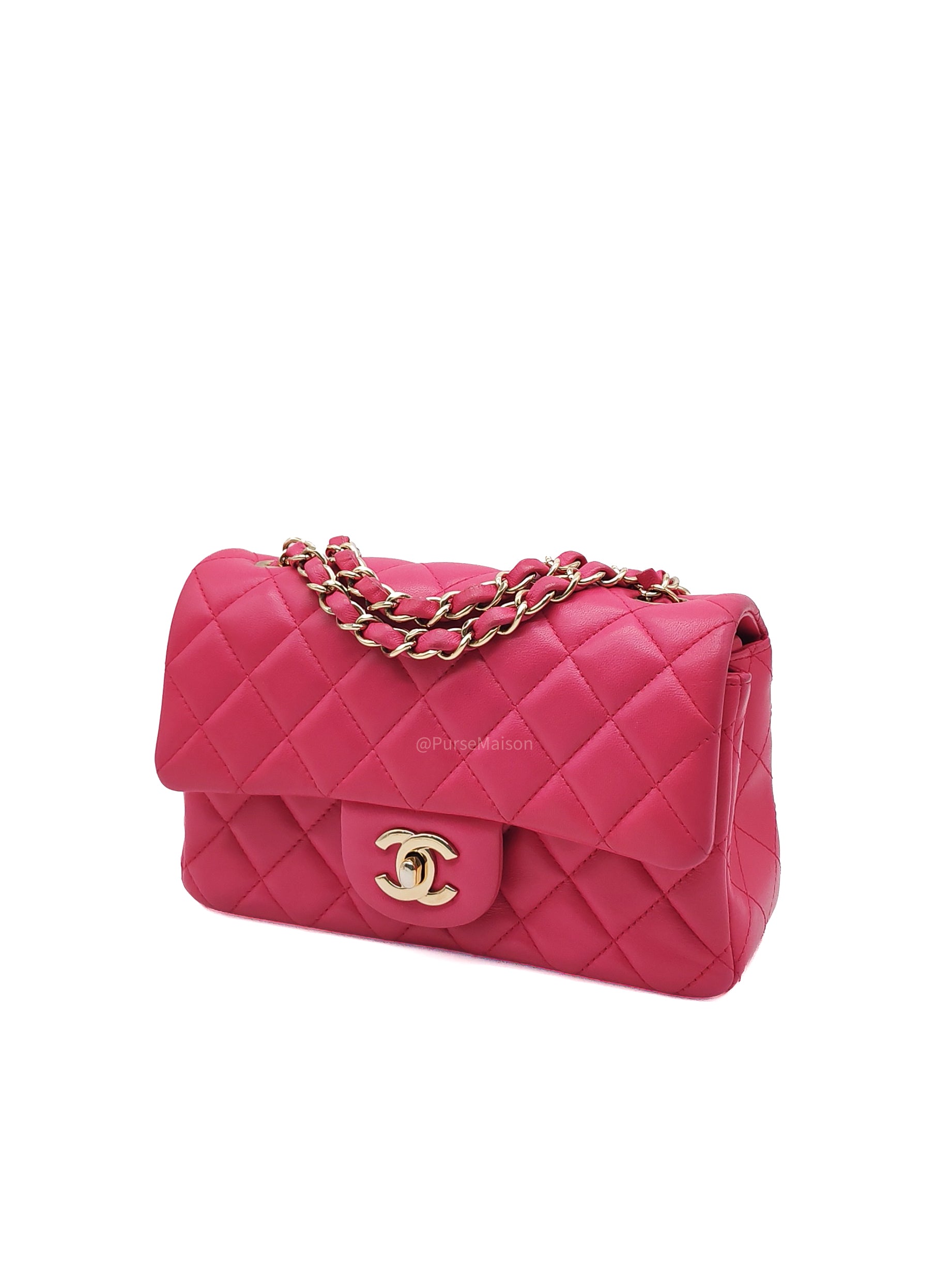 Chanel Classic Rectangular Mini Flap Bag in Fuchsia Lambskin Leather Light Gold Hardware (Series 21)