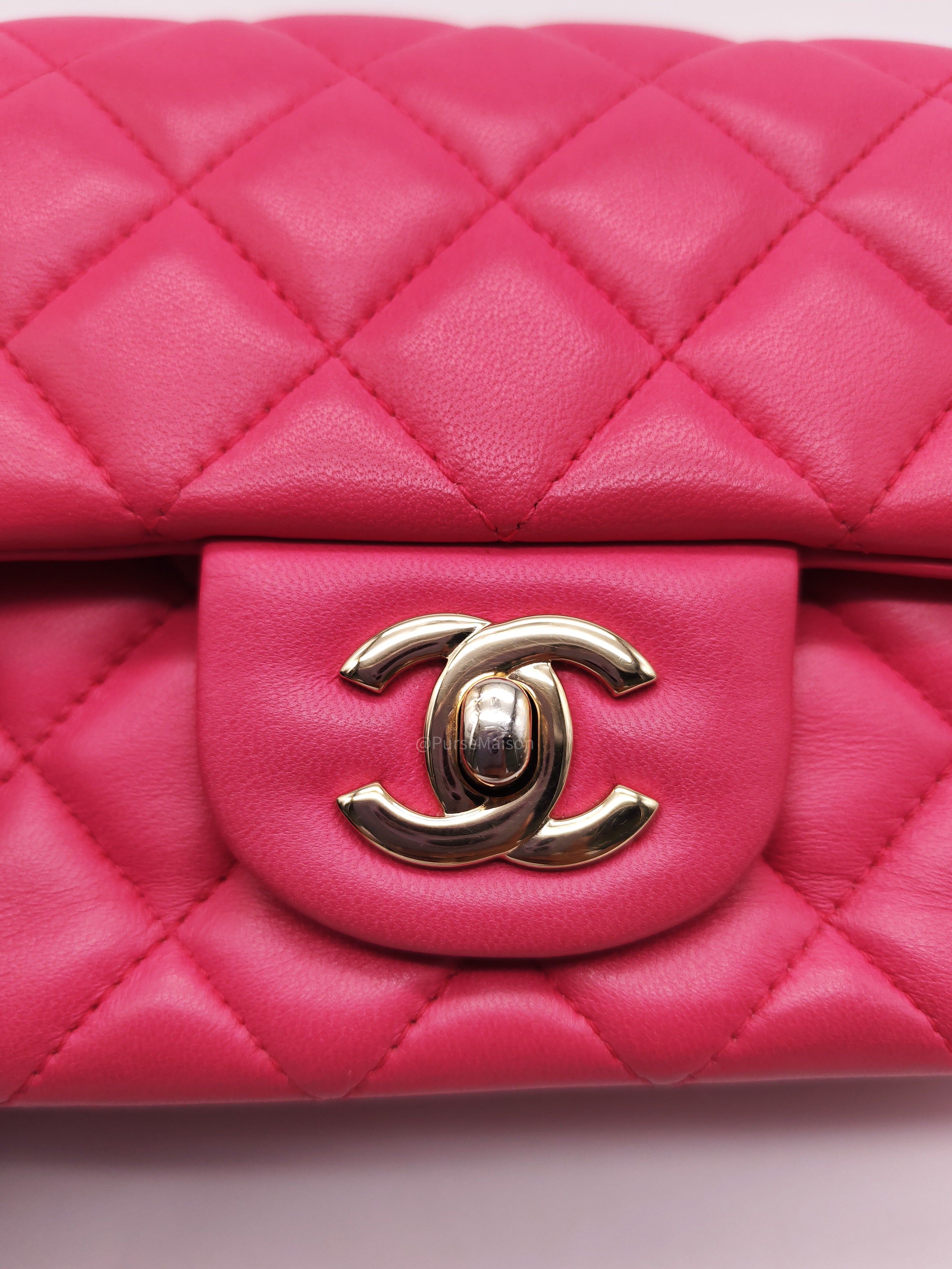 Chanel Classic Rectangular Mini Flap Bag in Fuchsia Lambskin Leather Light Gold Hardware (Series 21)