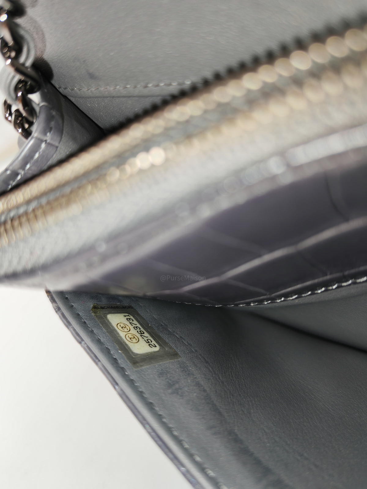 Chanel Classic Wallet on Chain (WOC) in Metallic Gray Alligator Leather and Silver Hardware Series 25