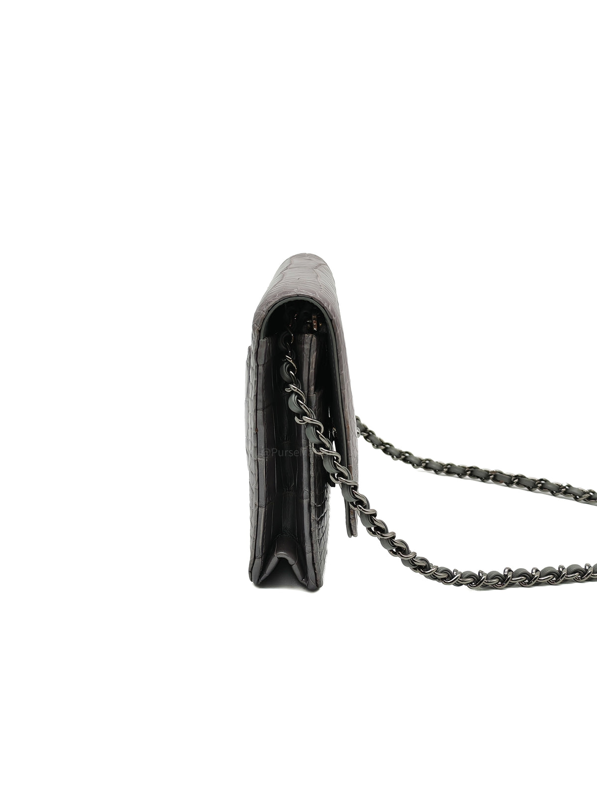 Chanel Classic Wallet on Chain (WOC) in Metallic Gray Alligator Leather and Silver Hardware Series 25