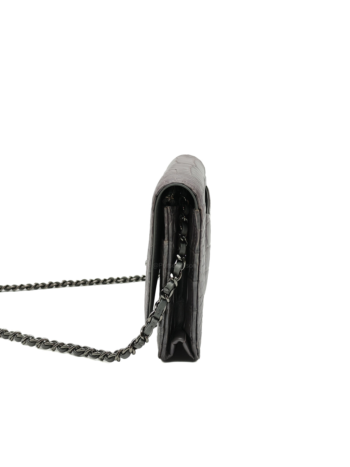 Chanel Classic Wallet on Chain (WOC) in Metallic Gray Alligator Leather and Silver Hardware Series 25