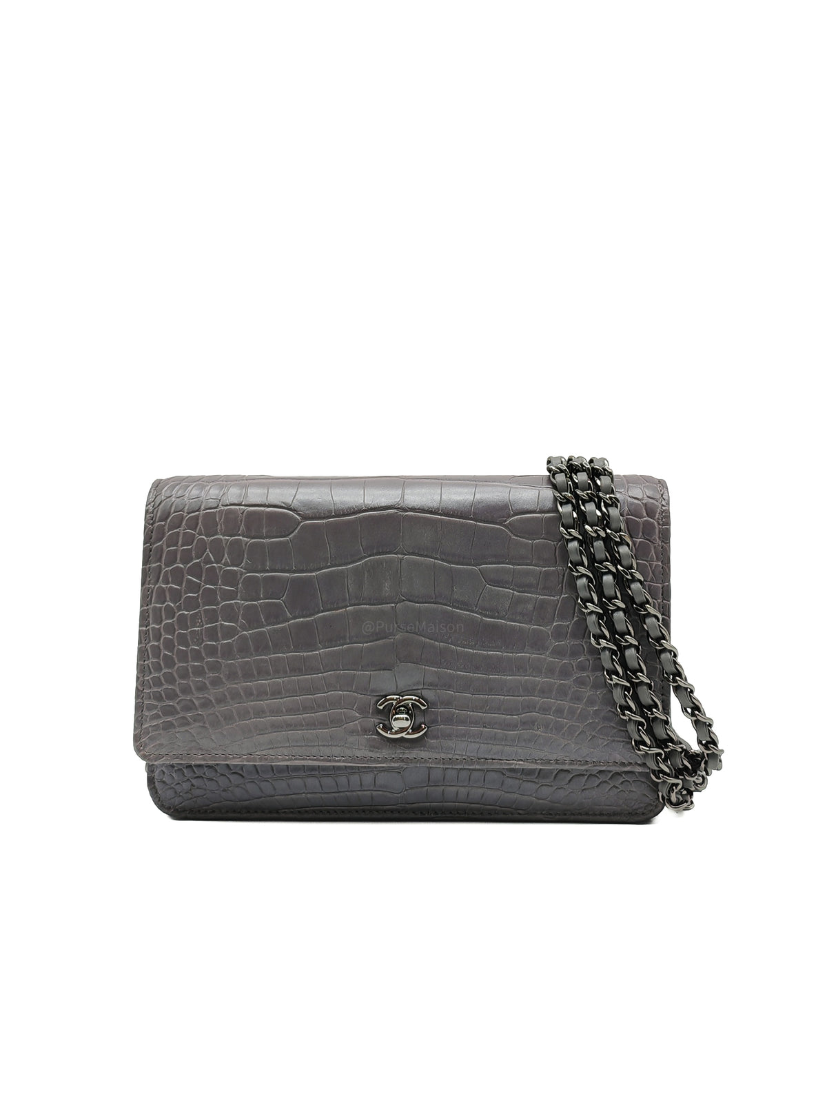 Chanel Classic Wallet on Chain (WOC) in Metallic Gray Alligator Leather and Silver Hardware Series 25