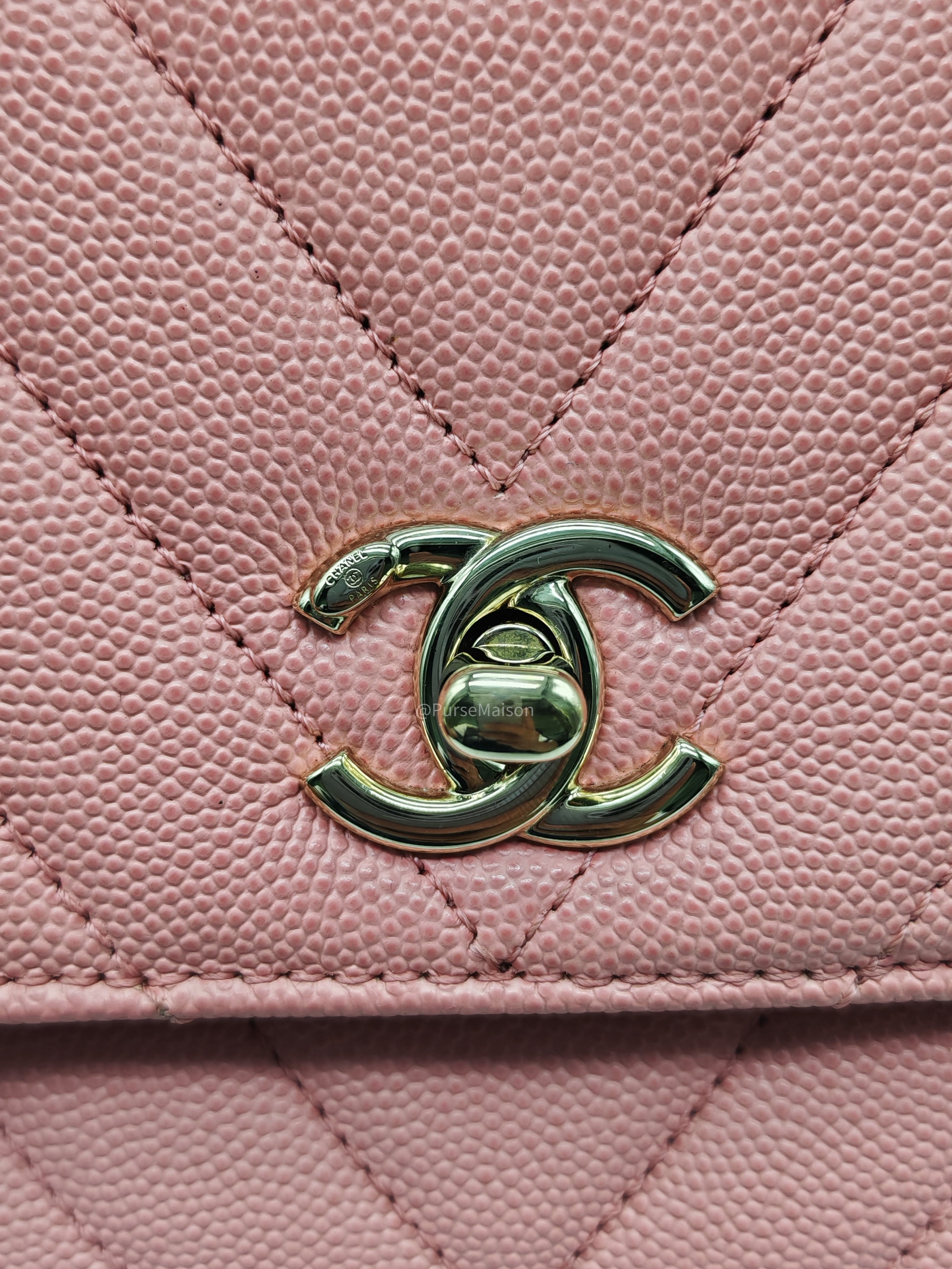 Chanel Coco Handle Small in Pink Chevron Quilted Caviar Leather and Light Gold Hardware Series 29