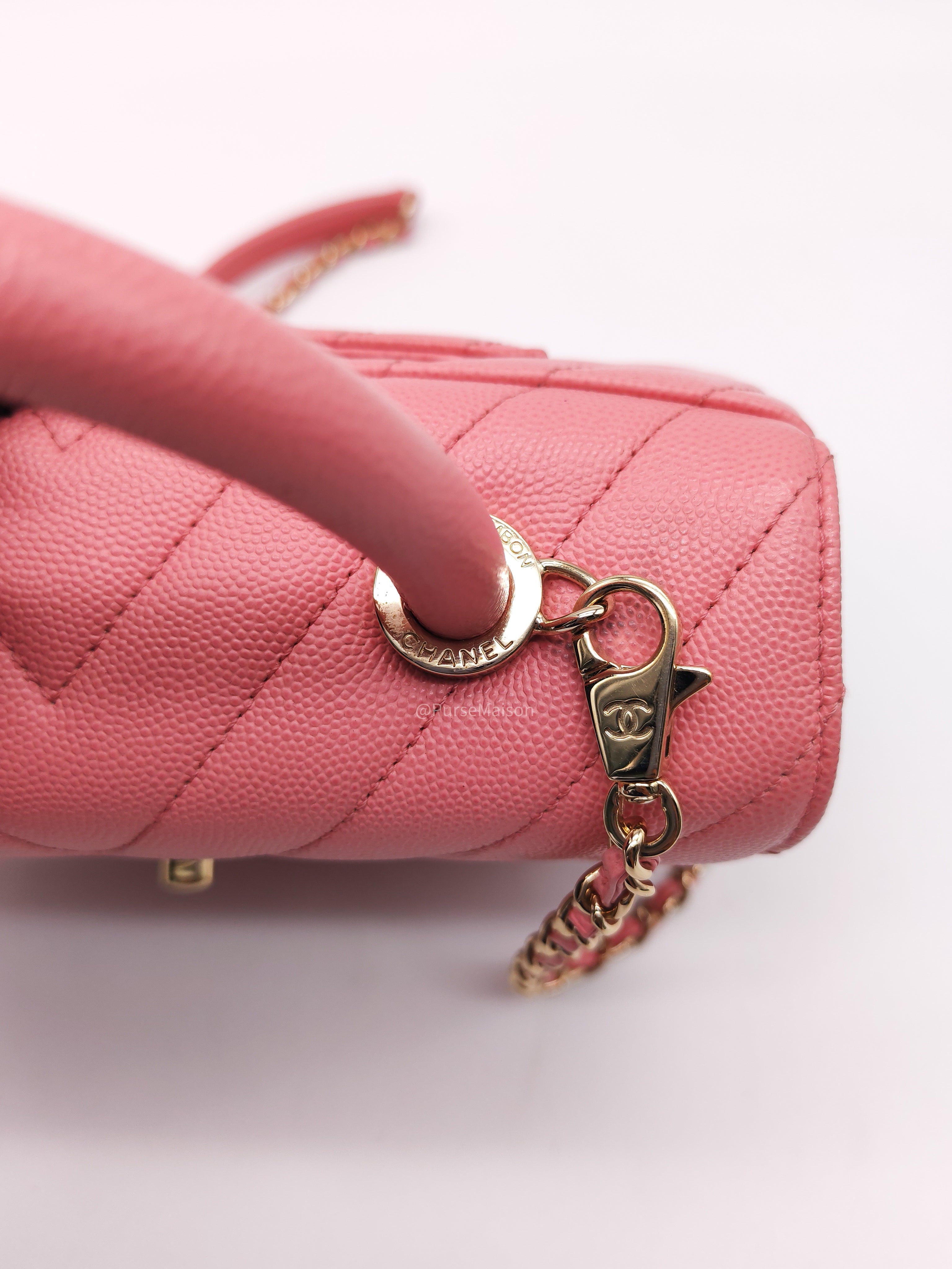 Chanel Coco Handle Small in Pink Chevron Quilted Caviar Leather and Light Gold Hardware Series 29