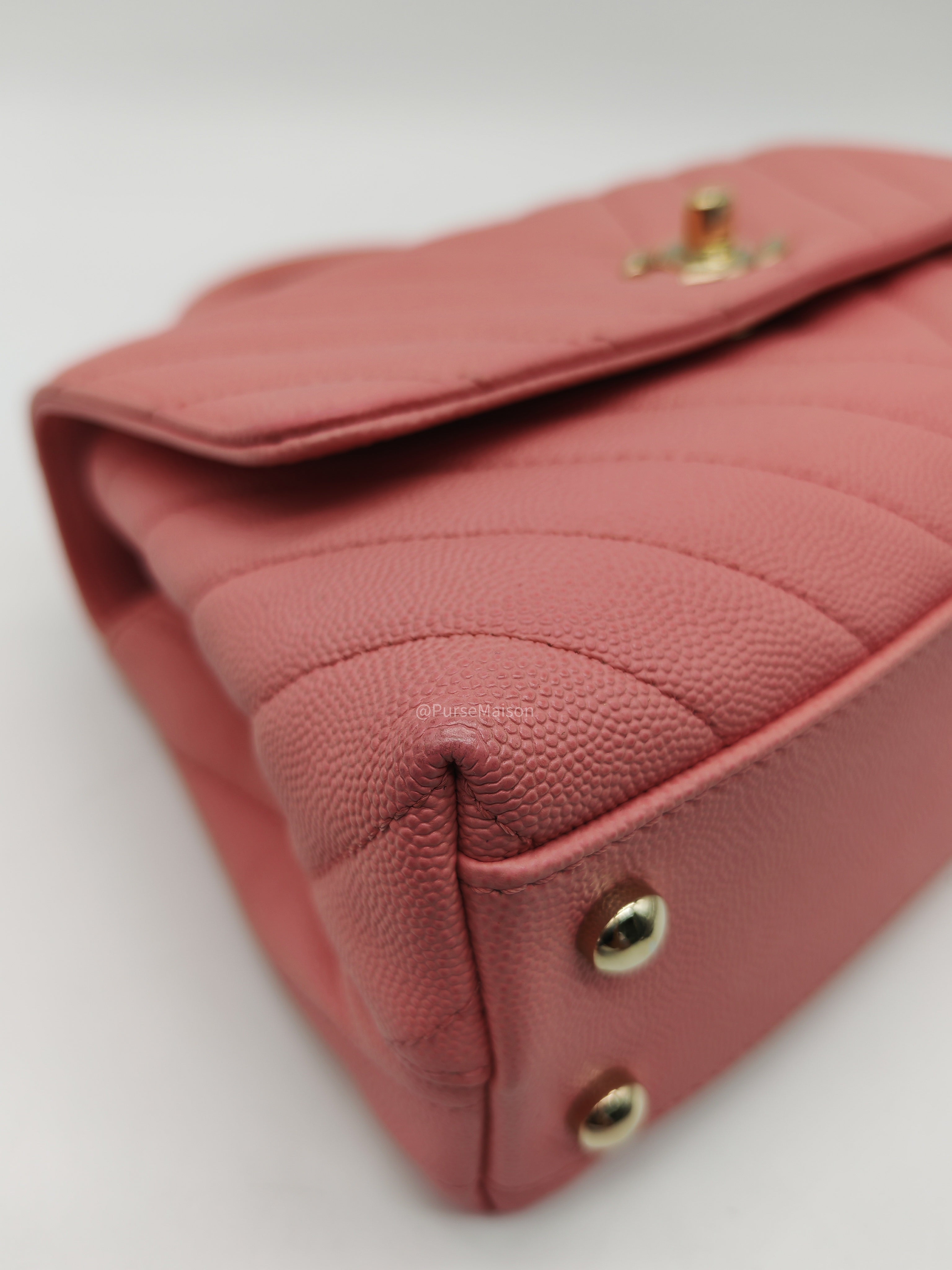 Chanel Coco Handle Small in Pink Chevron Quilted Caviar Leather and Light Gold Hardware Series 29