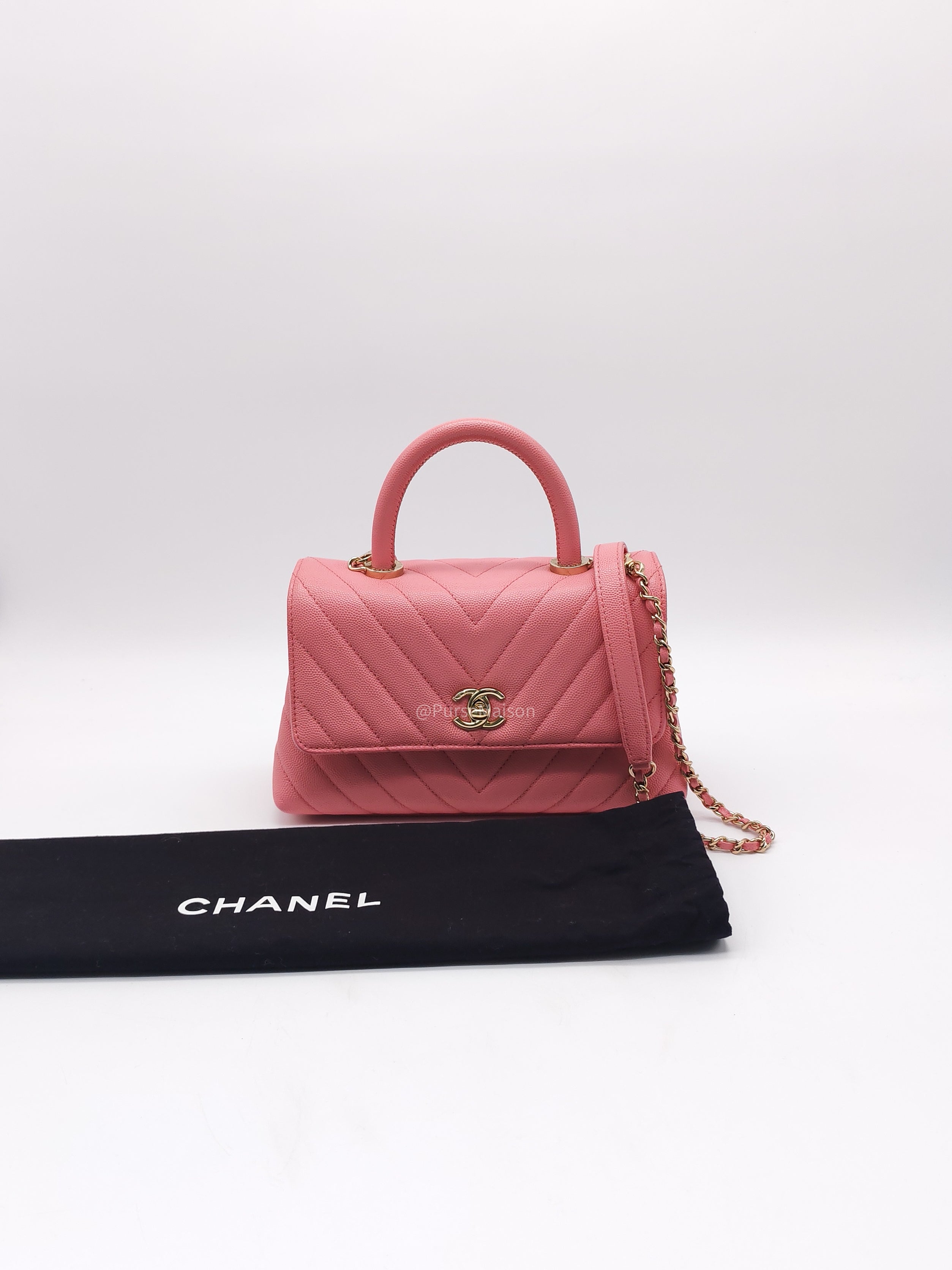 Chanel Coco Handle Small in Pink Chevron Quilted Caviar Leather and Light Gold Hardware Series 29