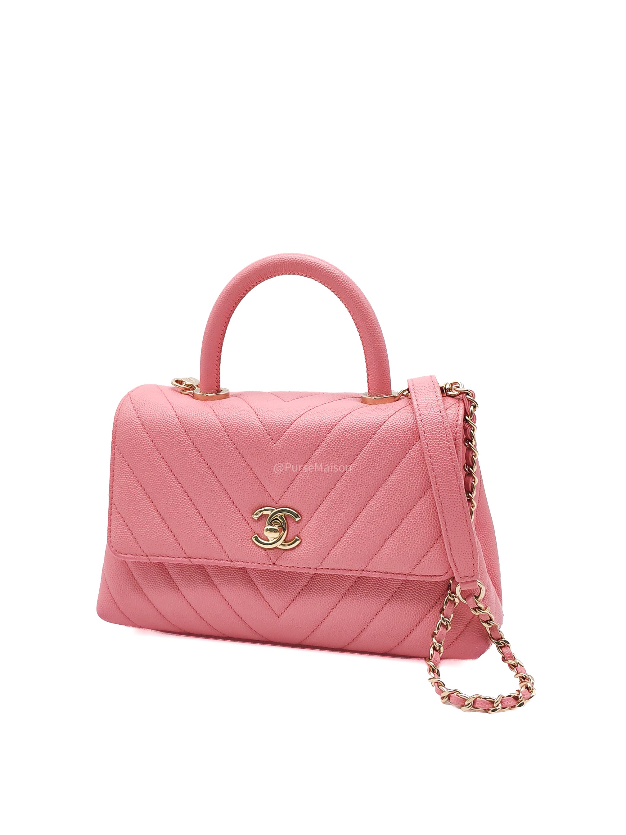 Chanel Coco Handle Small in Pink Chevron Quilted Caviar Leather and Light Gold Hardware Series 29