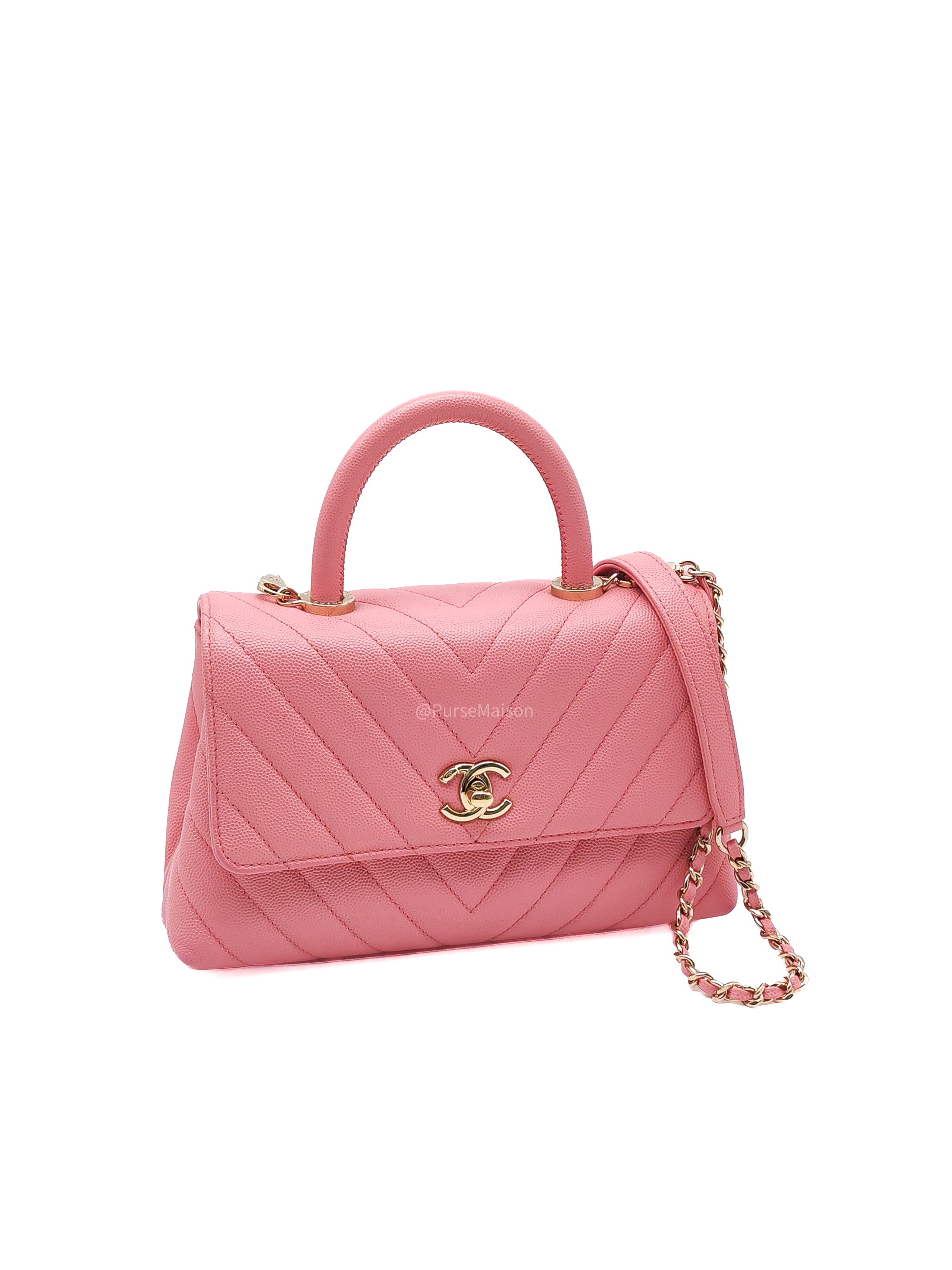 Chanel Coco Handle Small in Pink Chevron Quilted Caviar Leather and Light Gold Hardware Series 29