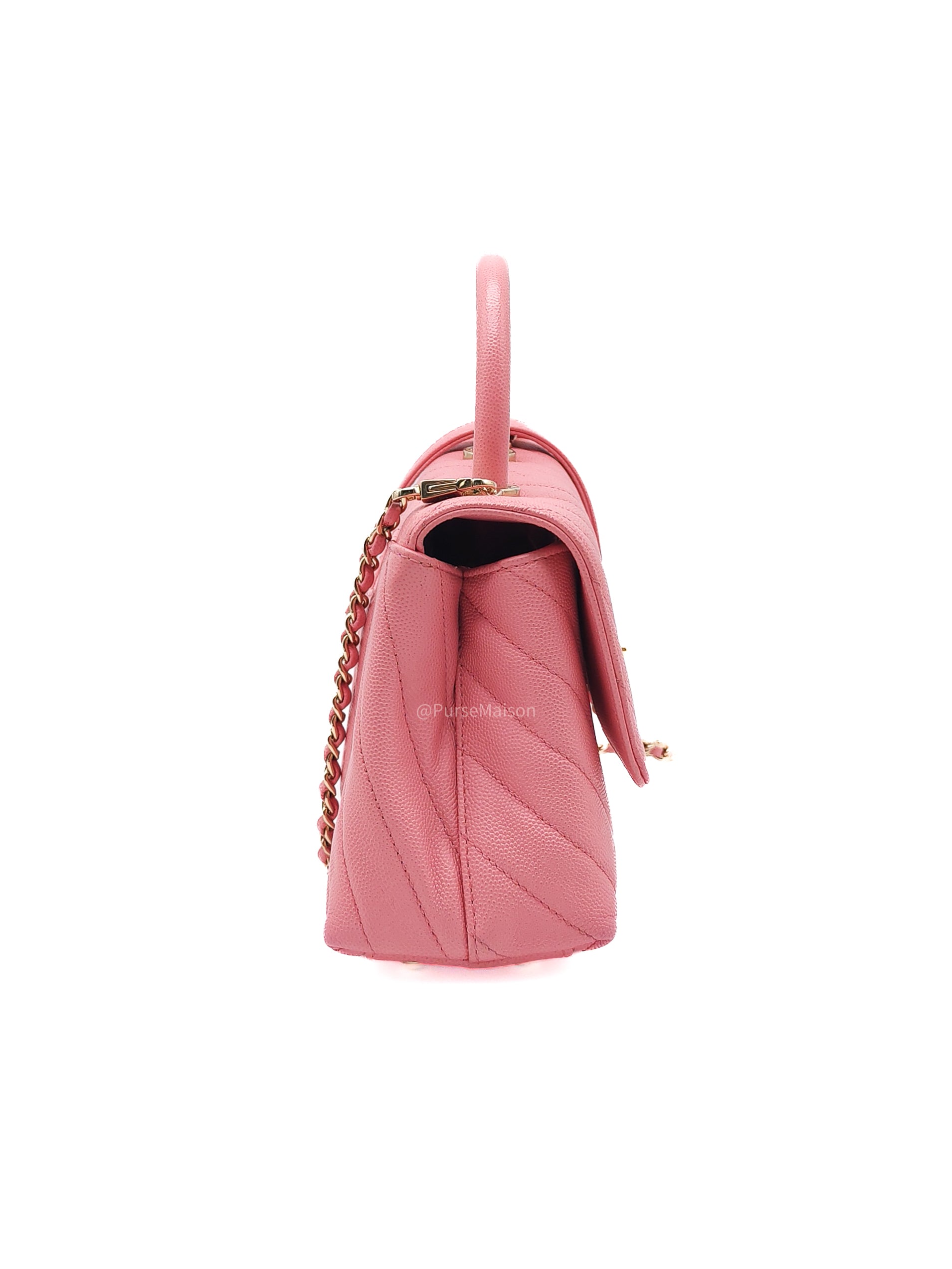 Chanel Coco Handle Small in Pink Chevron Quilted Caviar Leather and Light Gold Hardware Series 29