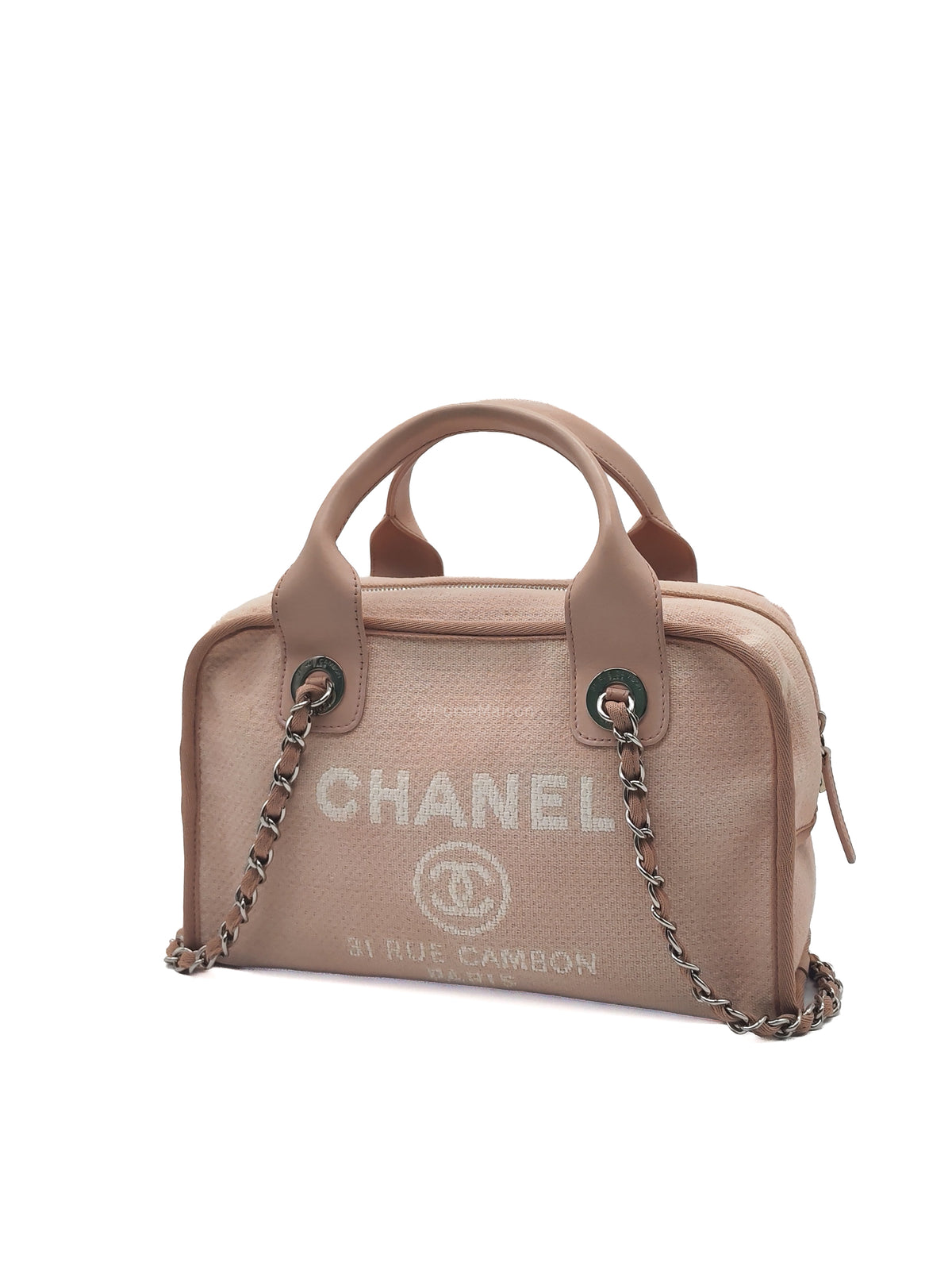Chanel Deauville Bowling Bag Small in Pink Canvas Silver Hardware (Series 20)