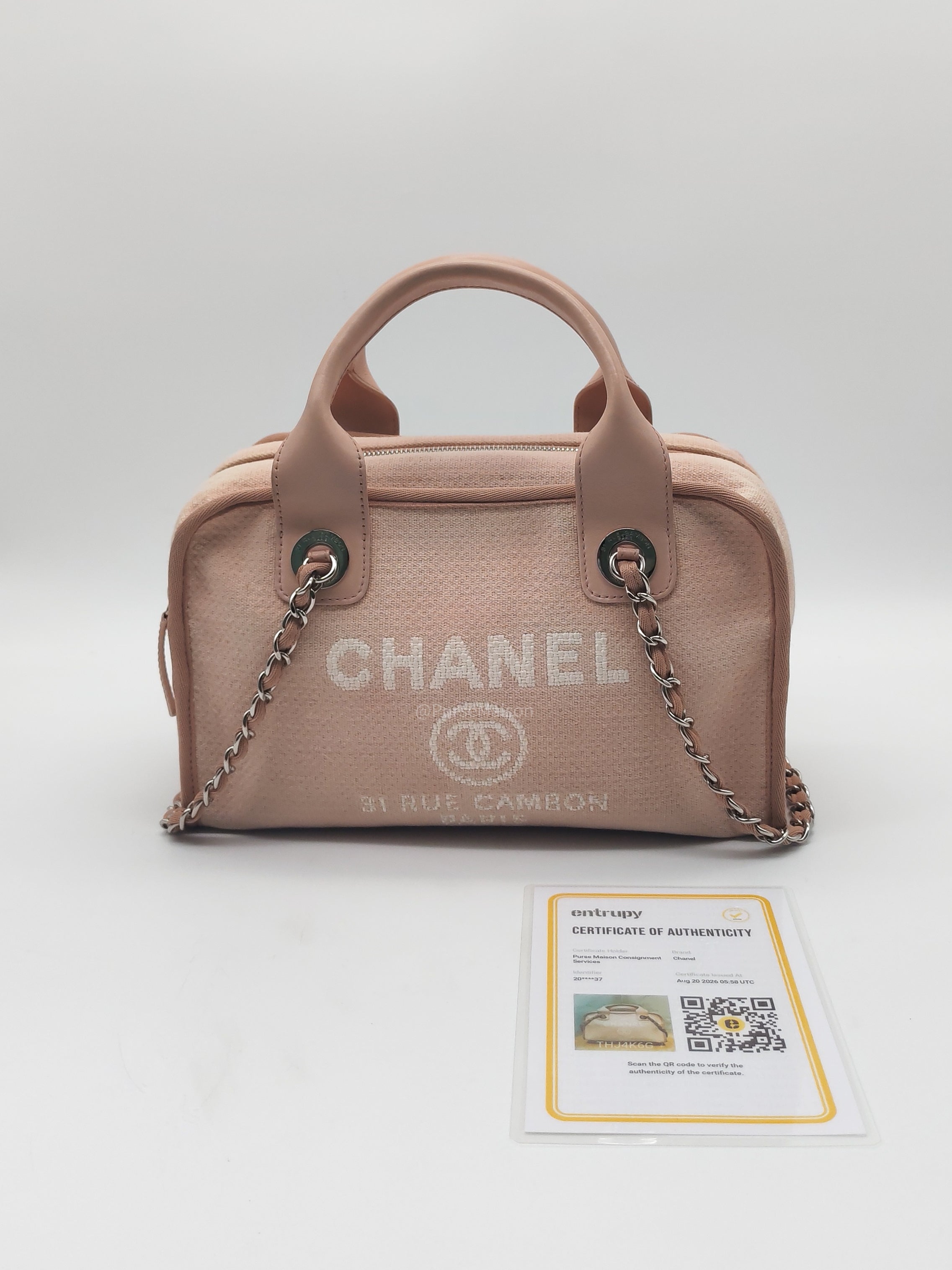Chanel Deauville Bowling Bag Small in Pink Canvas Silver Hardware (Series 20)