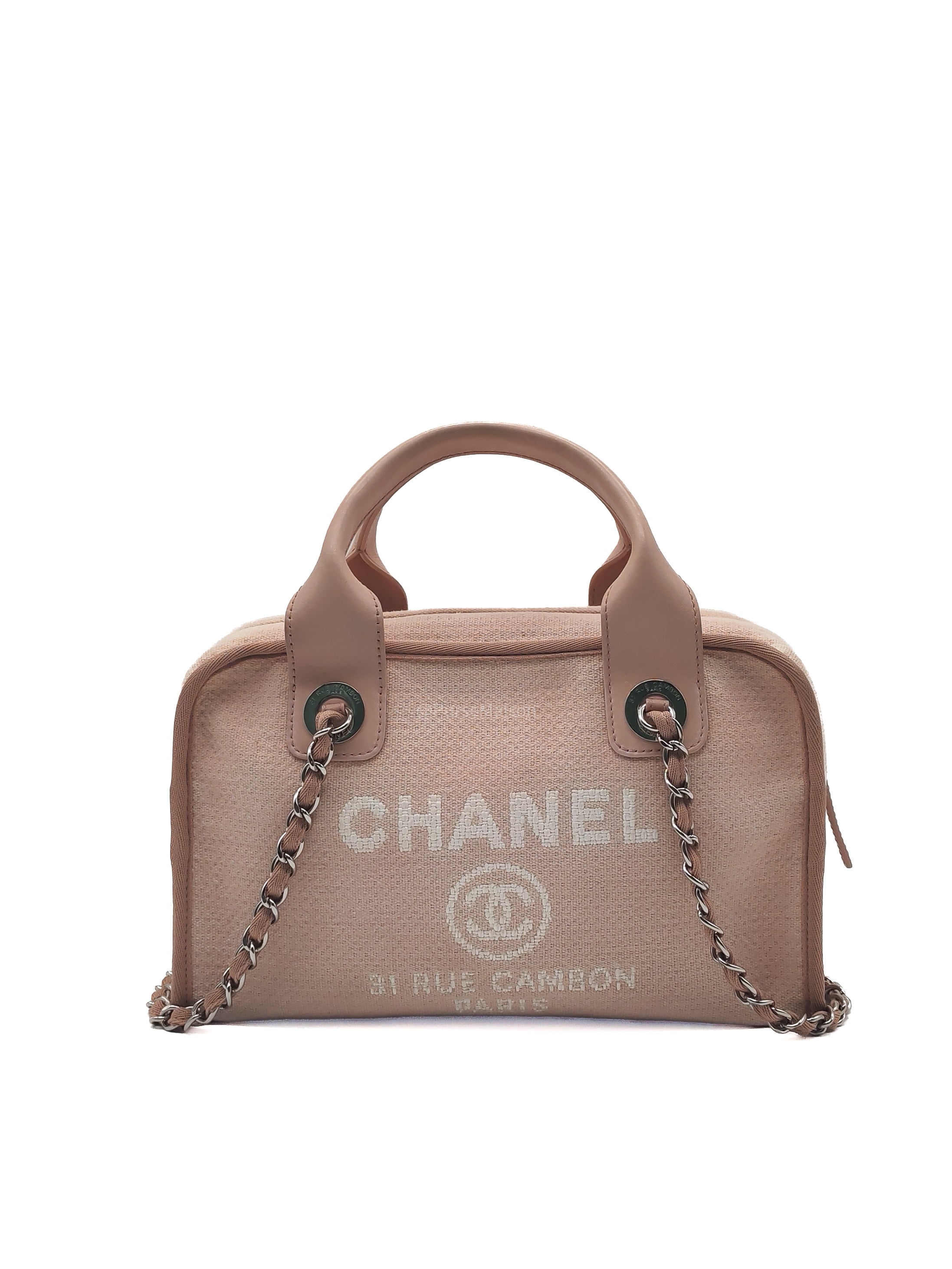 Chanel Deauville Bowling Bag Small in Pink Canvas Silver Hardware (Series 20)