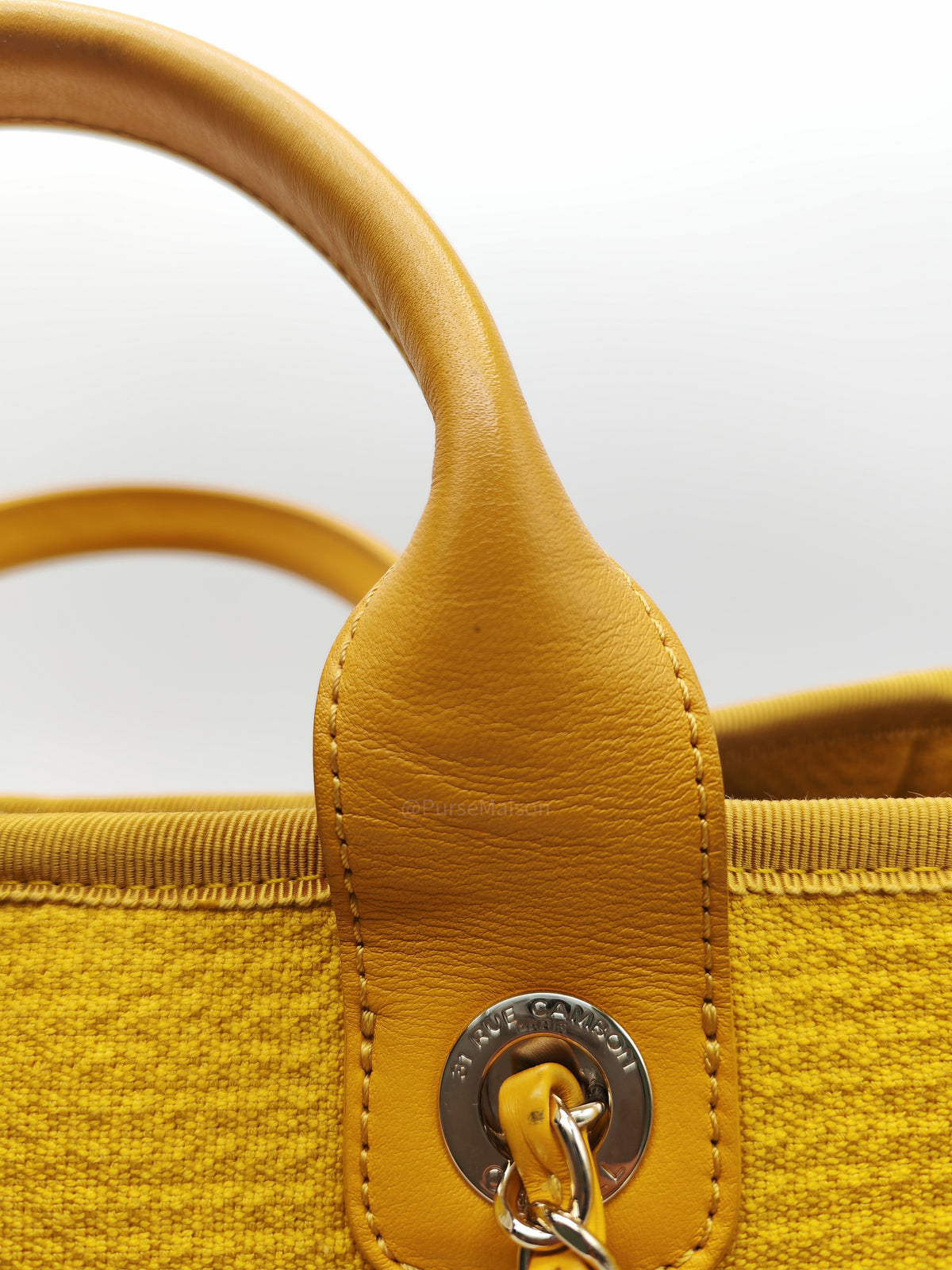 Chanel Deauville Tote Bag in Vibrant Yellow Mixed Fibers and Light Gold Hardware Microchip | Purse Maison Luxury Bags Shop