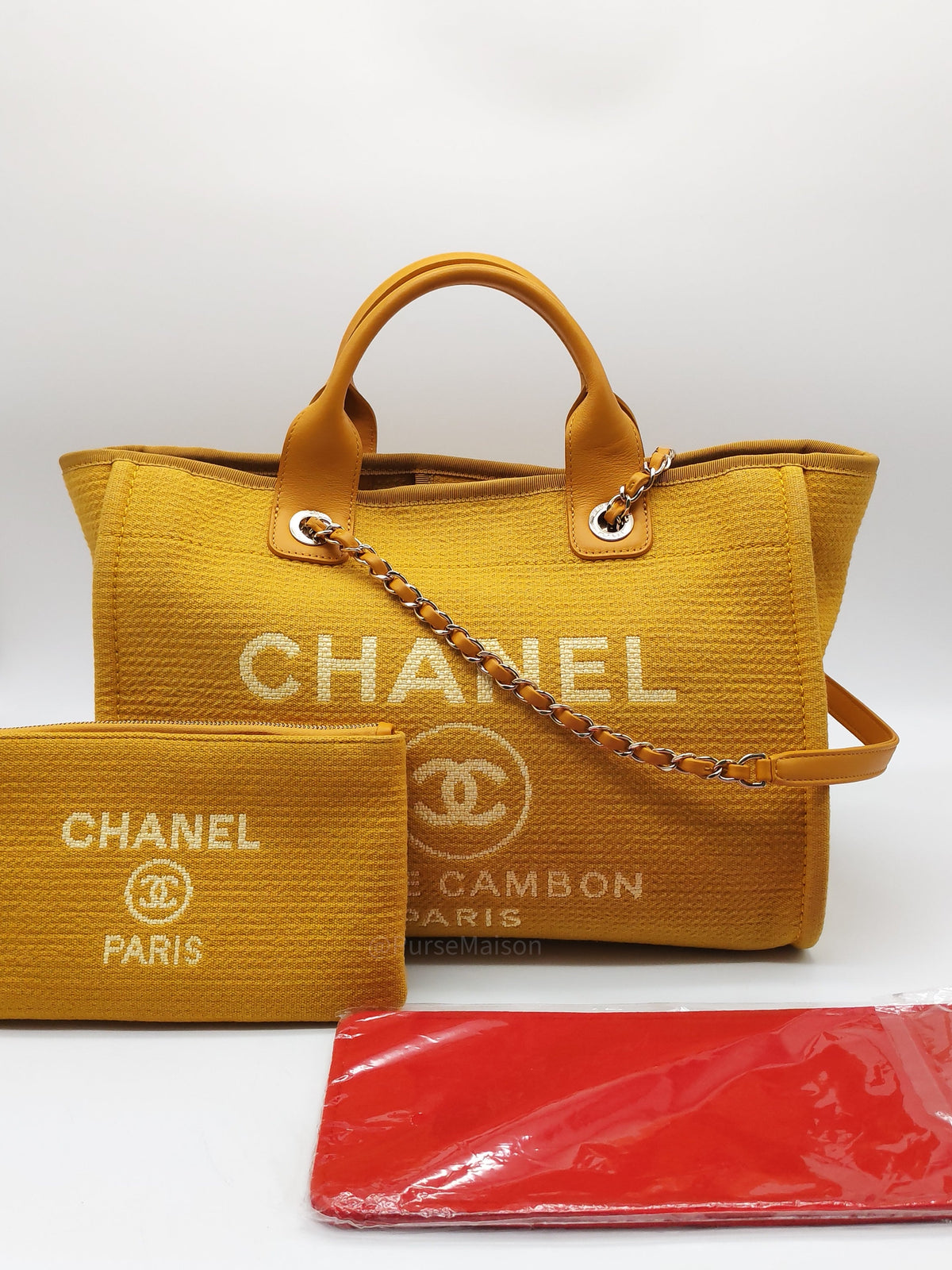 Chanel Deauville Tote Bag in Vibrant Yellow Mixed Fibers and Light Gold Hardware Microchip | Purse Maison Luxury Bags Shop