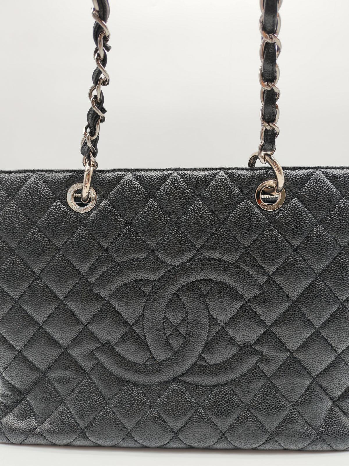 Chanel Grand Shopping Tote (GST) in Black Quilted Caviar Leather and Silver Hardware Series 19