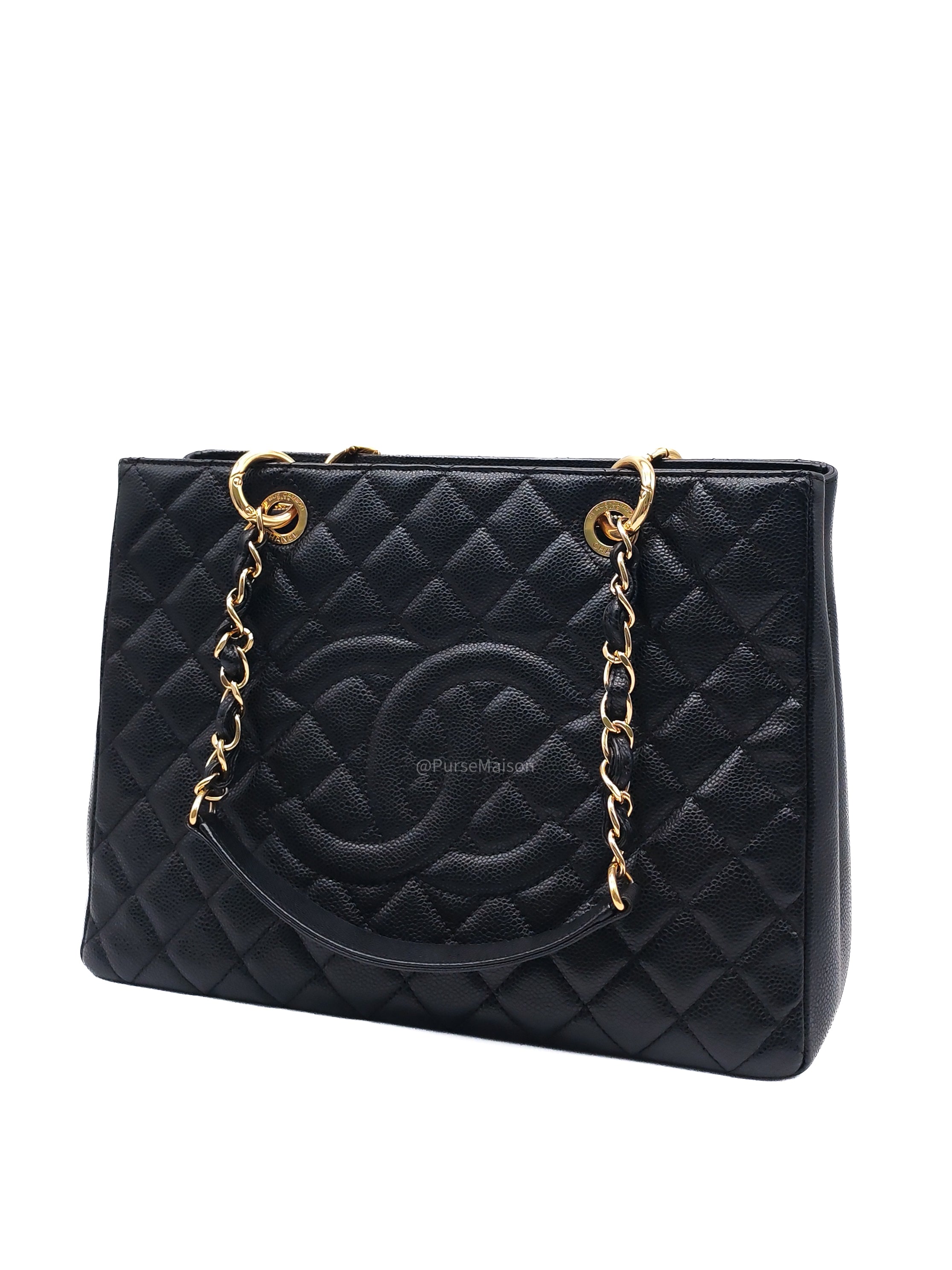 Chanel Grand Shopping Tote Bag (GST) in Black Quilted Caviar Leather and Gold Hardware Series 17
