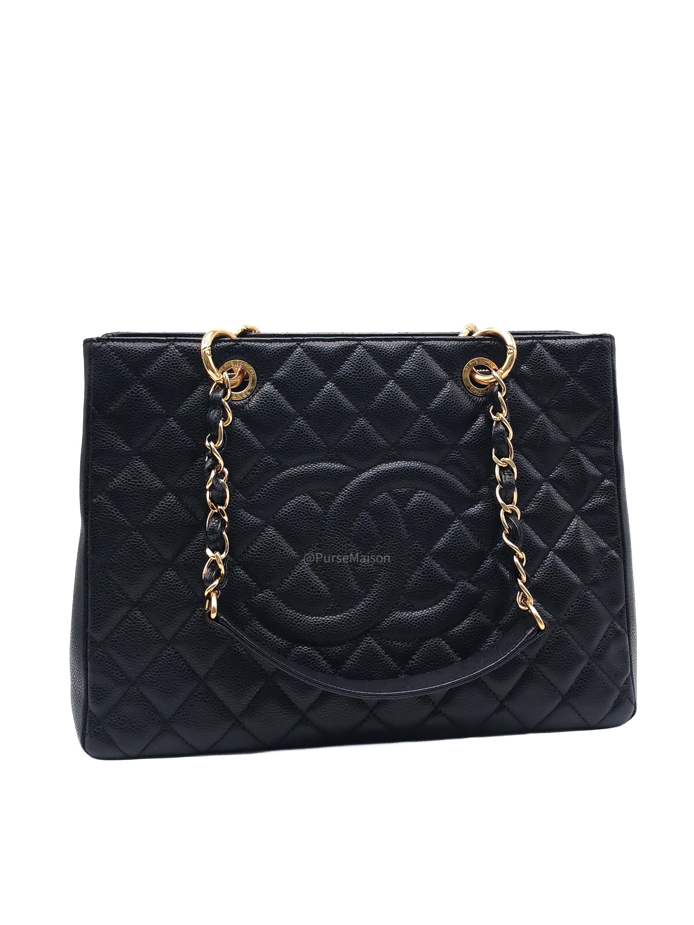 Chanel Grand Shopping Tote Bag (GST) in Black Quilted Caviar Leather and Gold Hardware Series 17