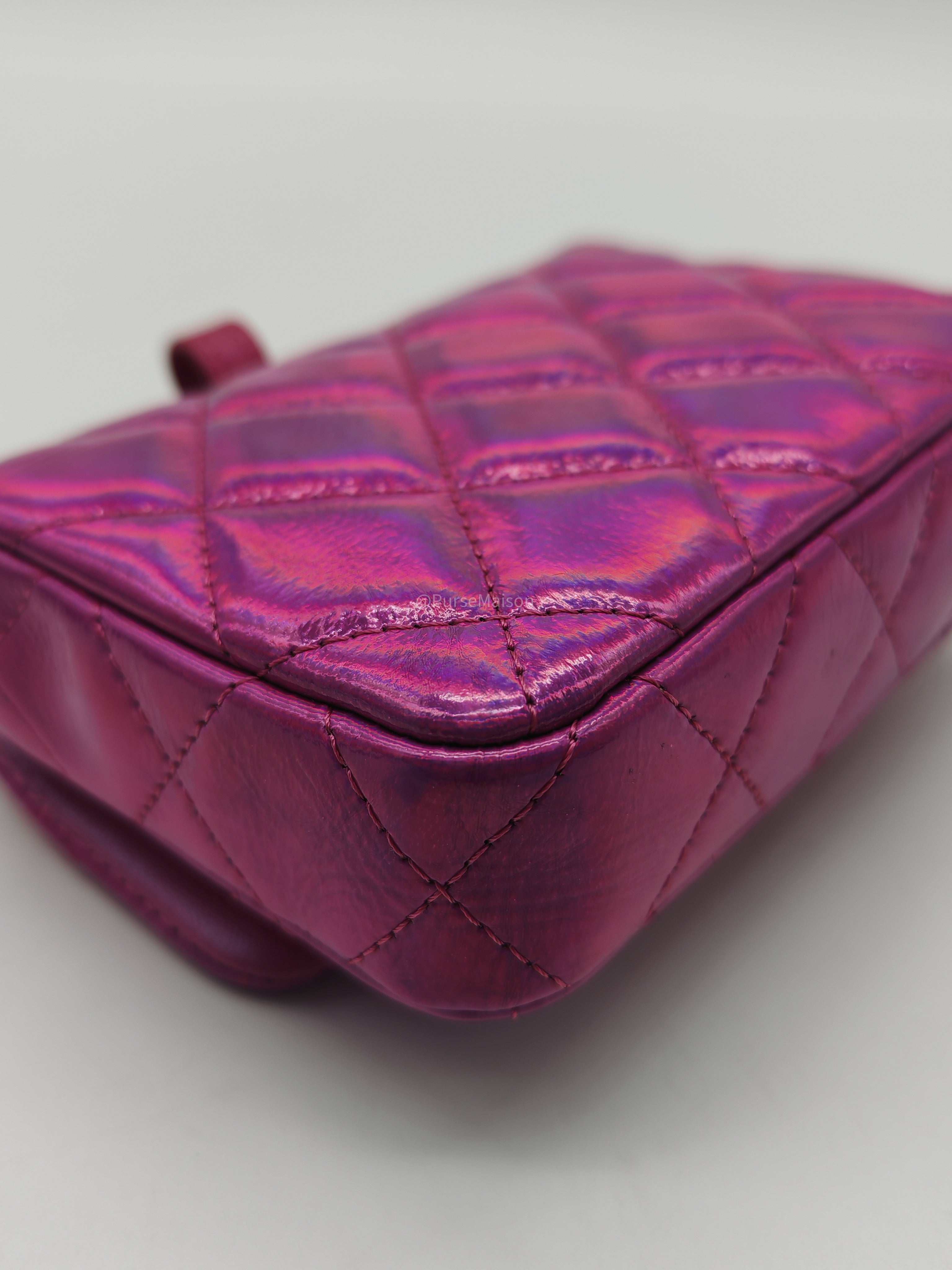 Chanel 24C Hook Card Holder Micro Bag in Fuchsia Pink Iridescent Mirror Goatskin Silver Hardware (Microchip)