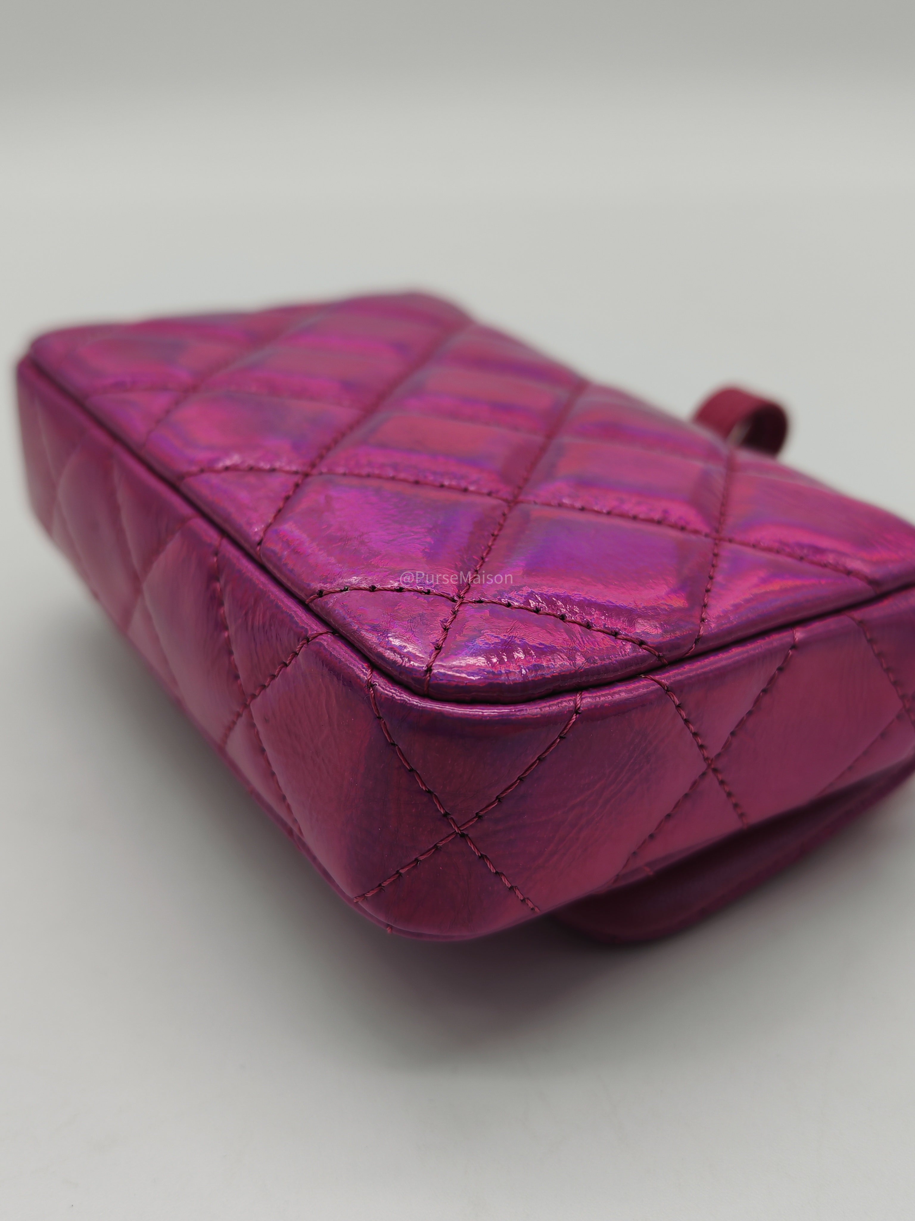 Chanel 24C Hook Card Holder Micro Bag in Fuchsia Pink Iridescent Mirror Goatskin Silver Hardware (Microchip)