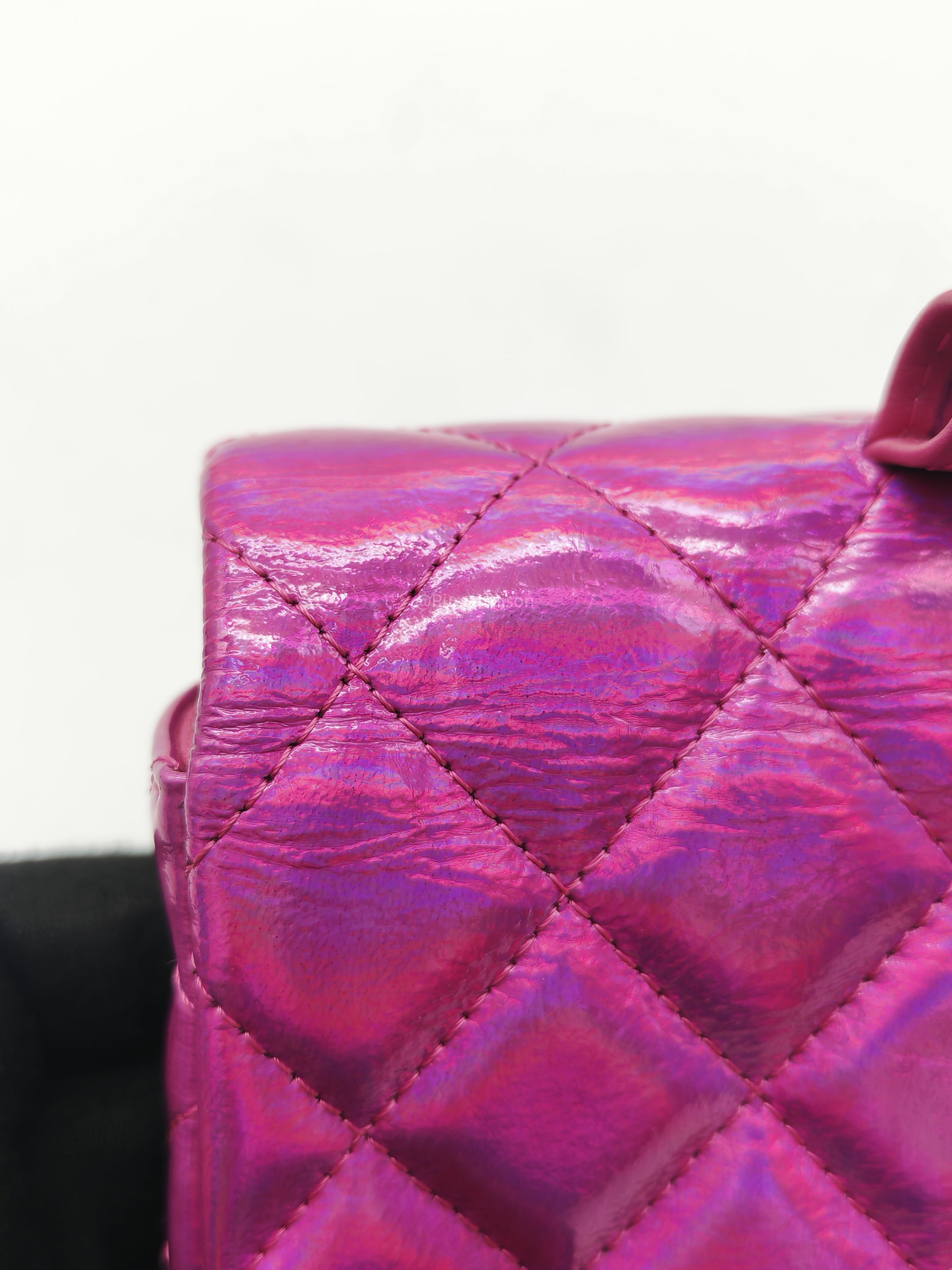 Chanel 24C Hook Card Holder Micro Bag in Fuchsia Pink Iridescent Mirror Goatskin Silver Hardware (Microchip)