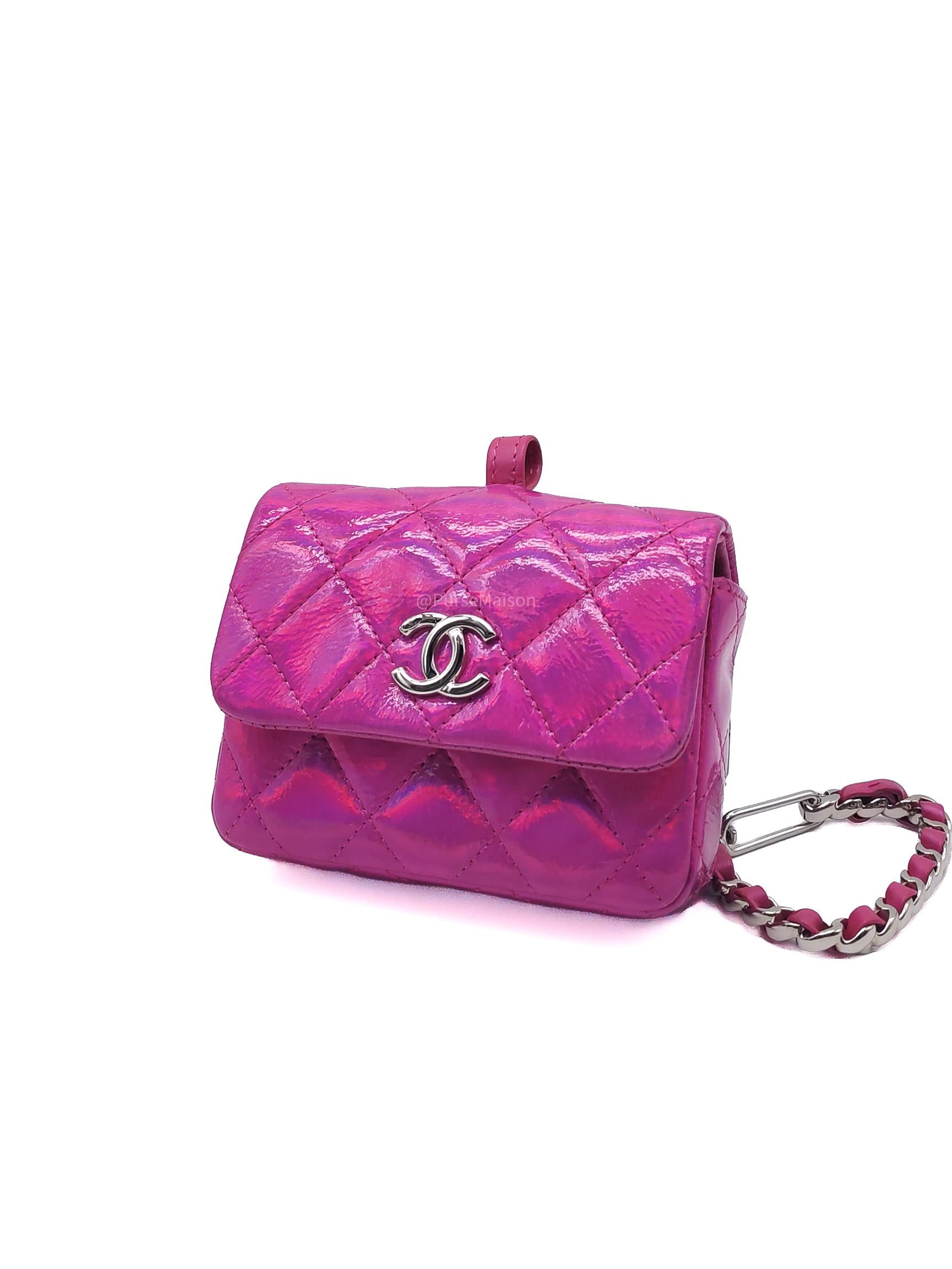 Chanel 24C Hook Card Holder Micro Bag in Fuchsia Pink Iridescent Mirror Goatskin Silver Hardware (Microchip)
