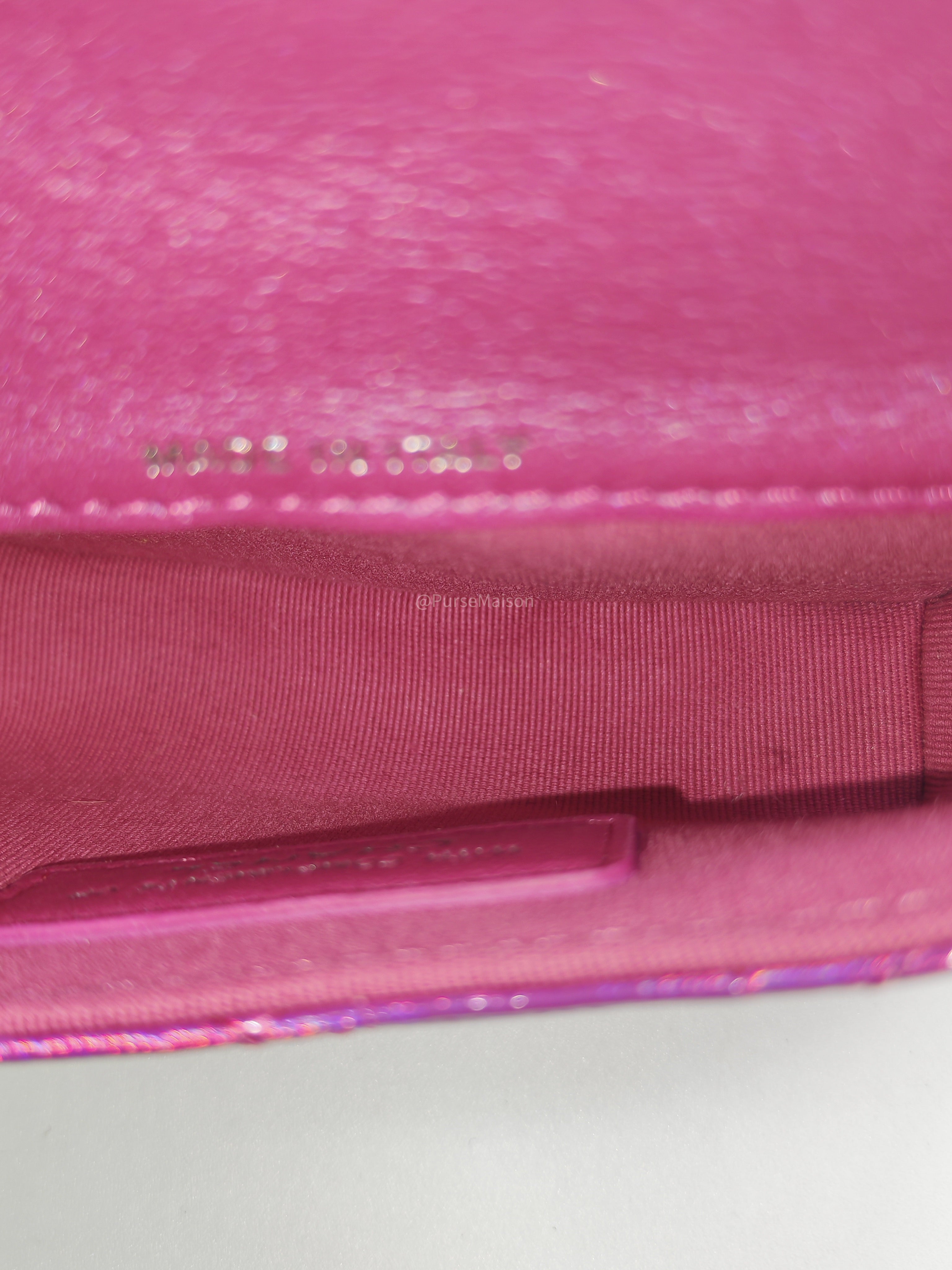 Chanel 24C Hook Card Holder Micro Bag in Fuchsia Pink Iridescent Mirror Goatskin Silver Hardware (Microchip)