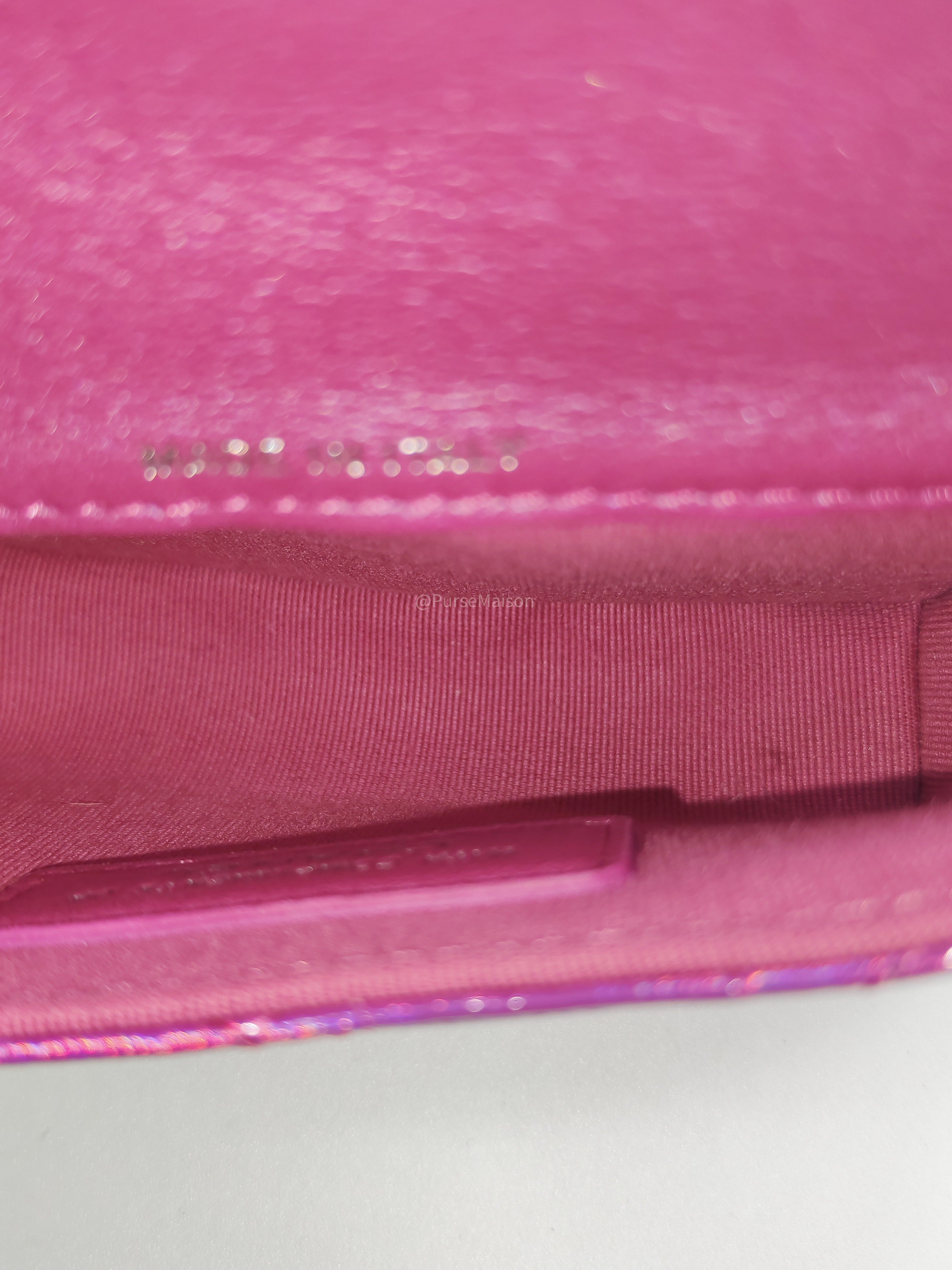 Chanel 24C Hook Card Holder Micro Bag in Fuchsia Pink Iridescent Mirror Goatskin Silver Hardware (Microchip)