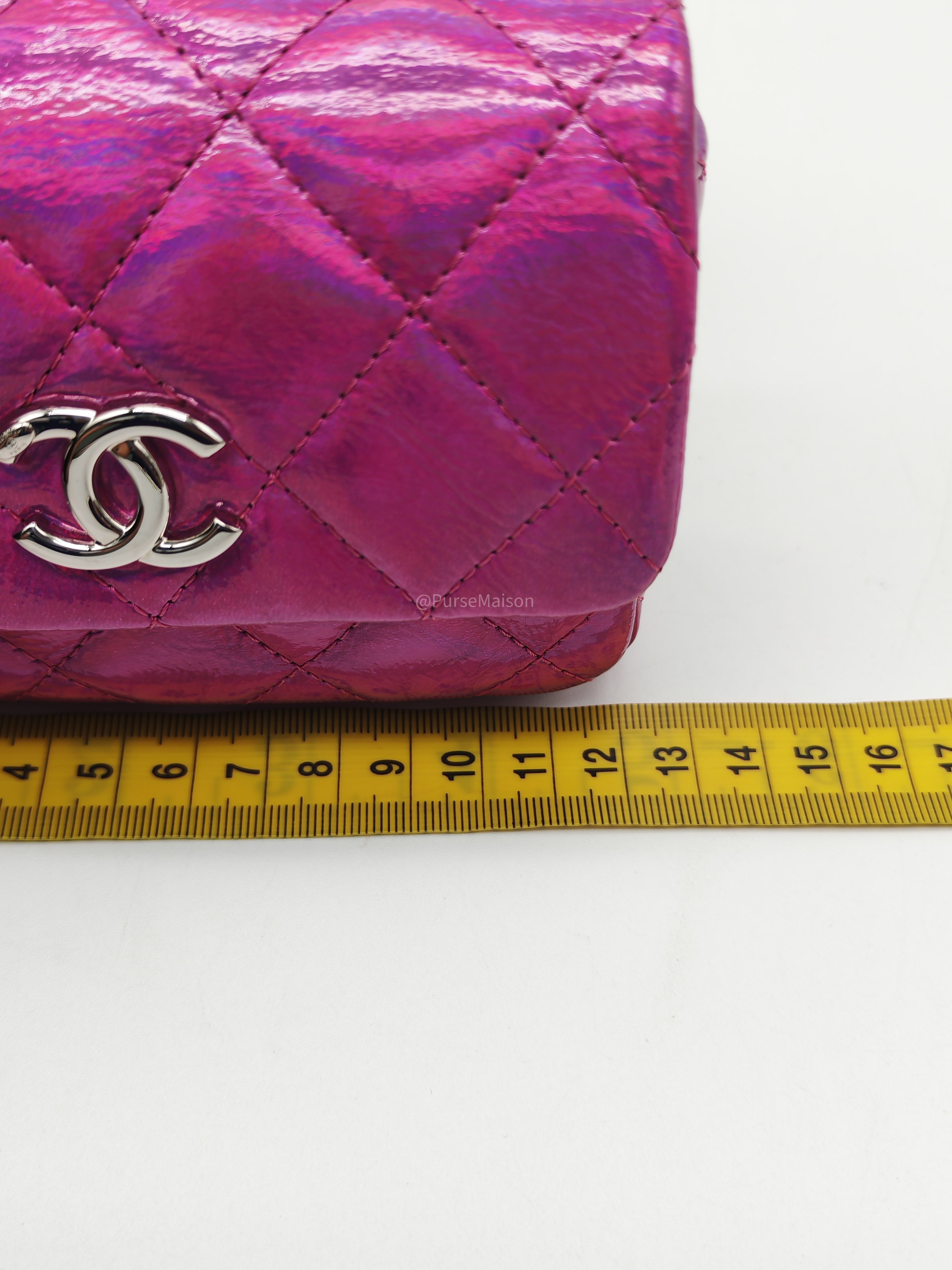 Chanel 24C Hook Card Holder Micro Bag in Fuchsia Pink Iridescent Mirror Goatskin Silver Hardware (Microchip)