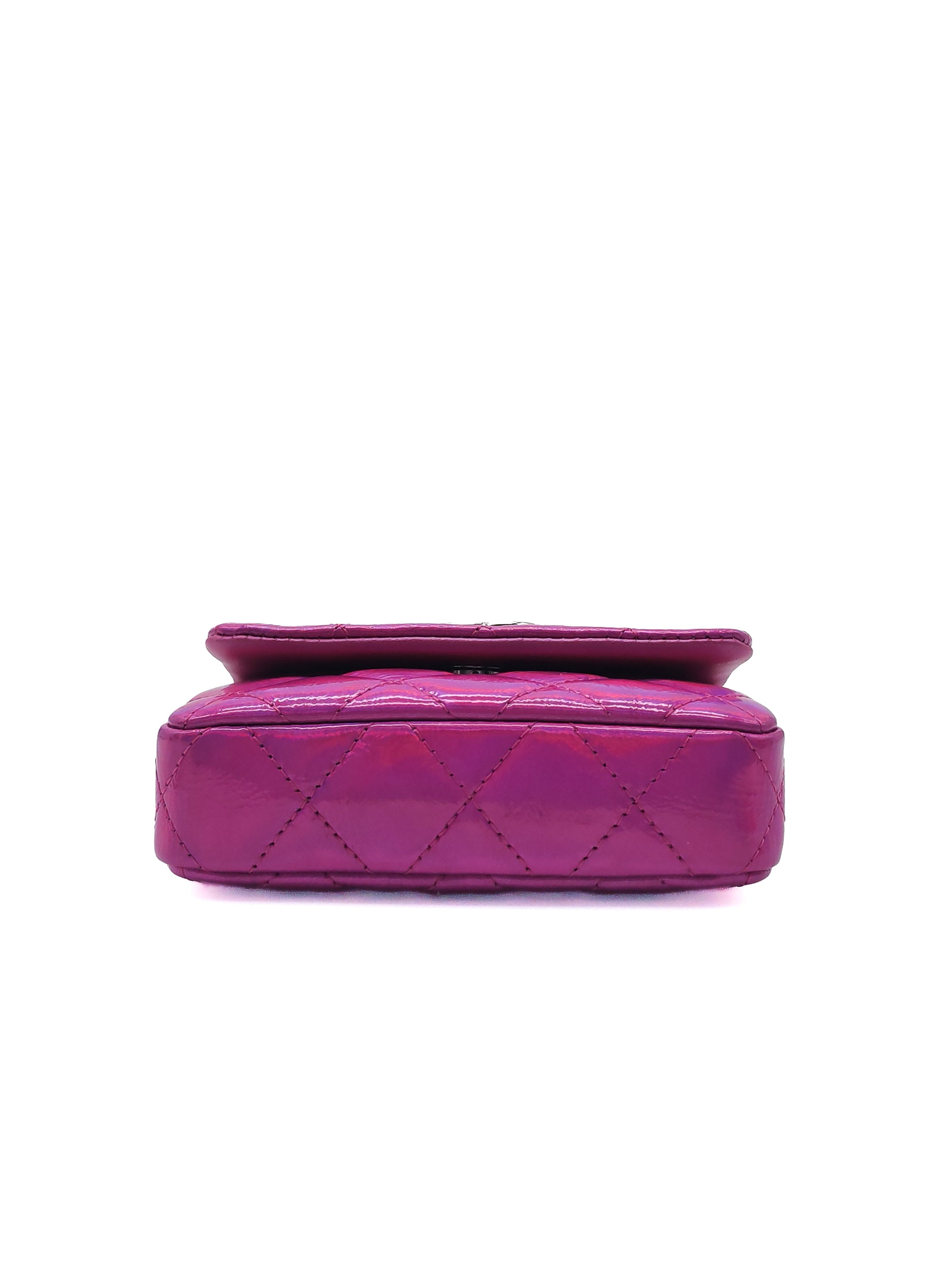 Chanel 24C Hook Card Holder Micro Bag in Fuchsia Pink Iridescent Mirror Goatskin Silver Hardware (Microchip)