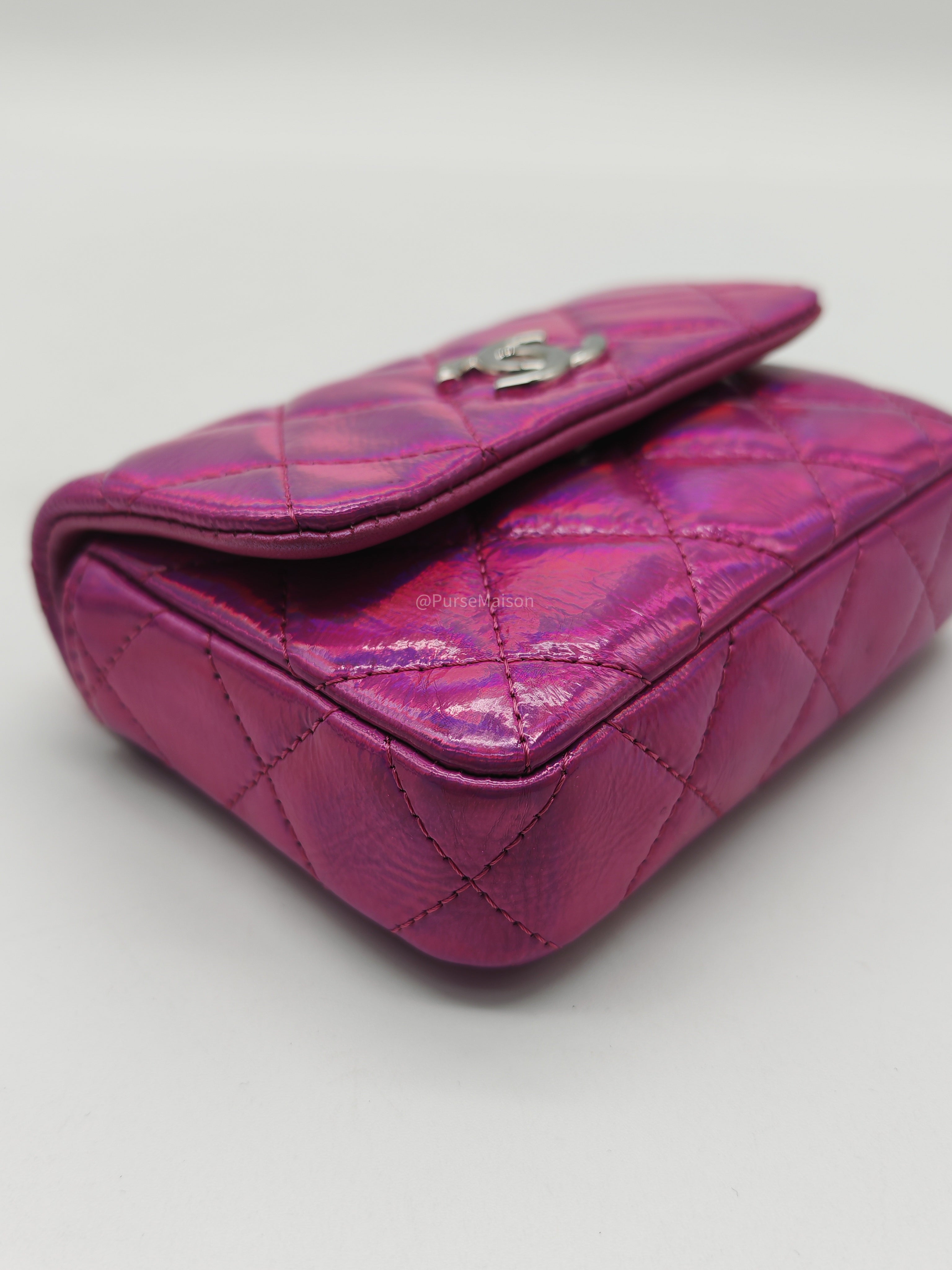 Chanel 24C Hook Card Holder Micro Bag in Fuchsia Pink Iridescent Mirror Goatskin Silver Hardware (Microchip)