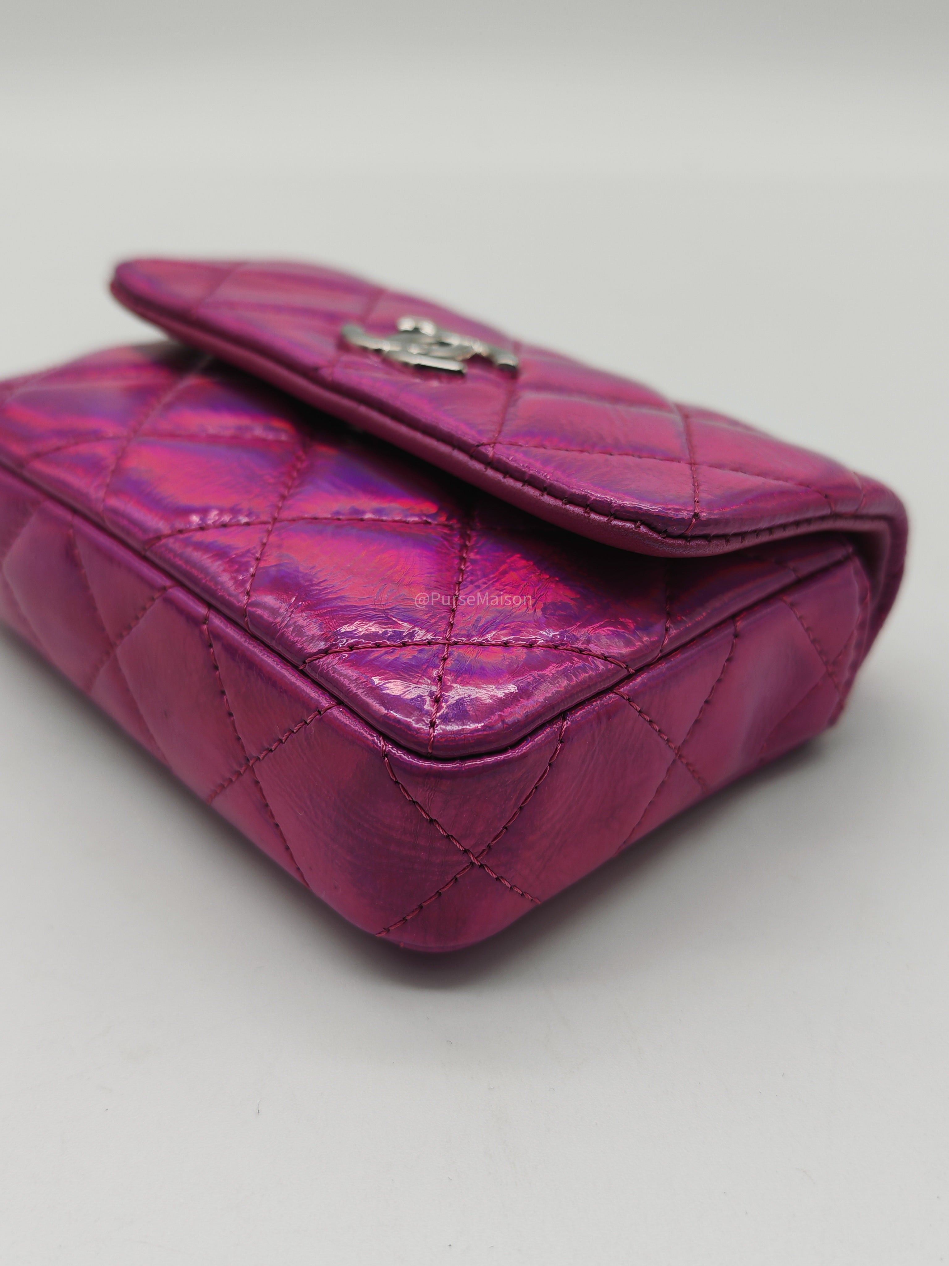 Chanel 24C Hook Card Holder Micro Bag in Fuchsia Pink Iridescent Mirror Goatskin Silver Hardware (Microchip)