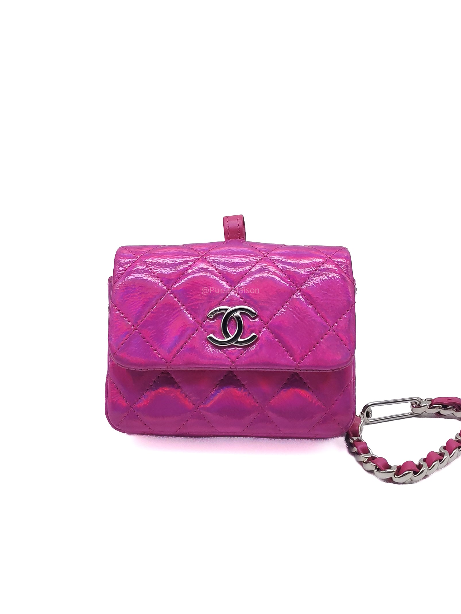 Chanel 24C Hook Card Holder Micro Bag in Fuchsia Pink Iridescent Mirror Goatskin Silver Hardware (Microchip)