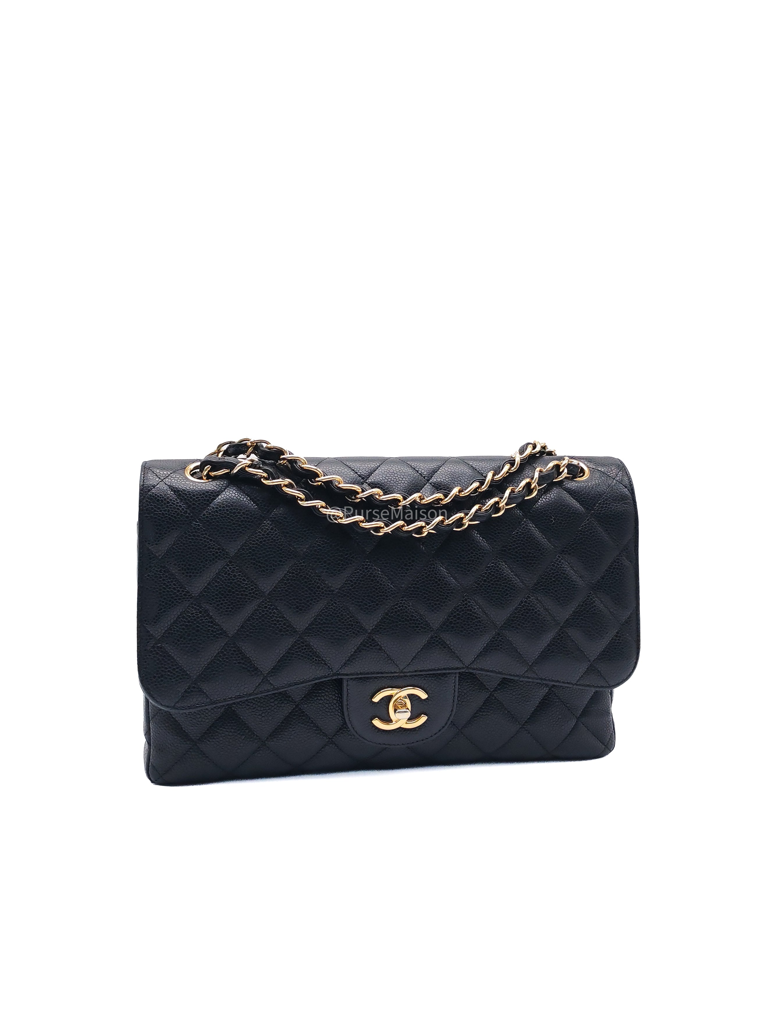 Chanel Classic Doube Flap Jumbo in Black Quilted Caviar Leather and Gold Hardware Series 16